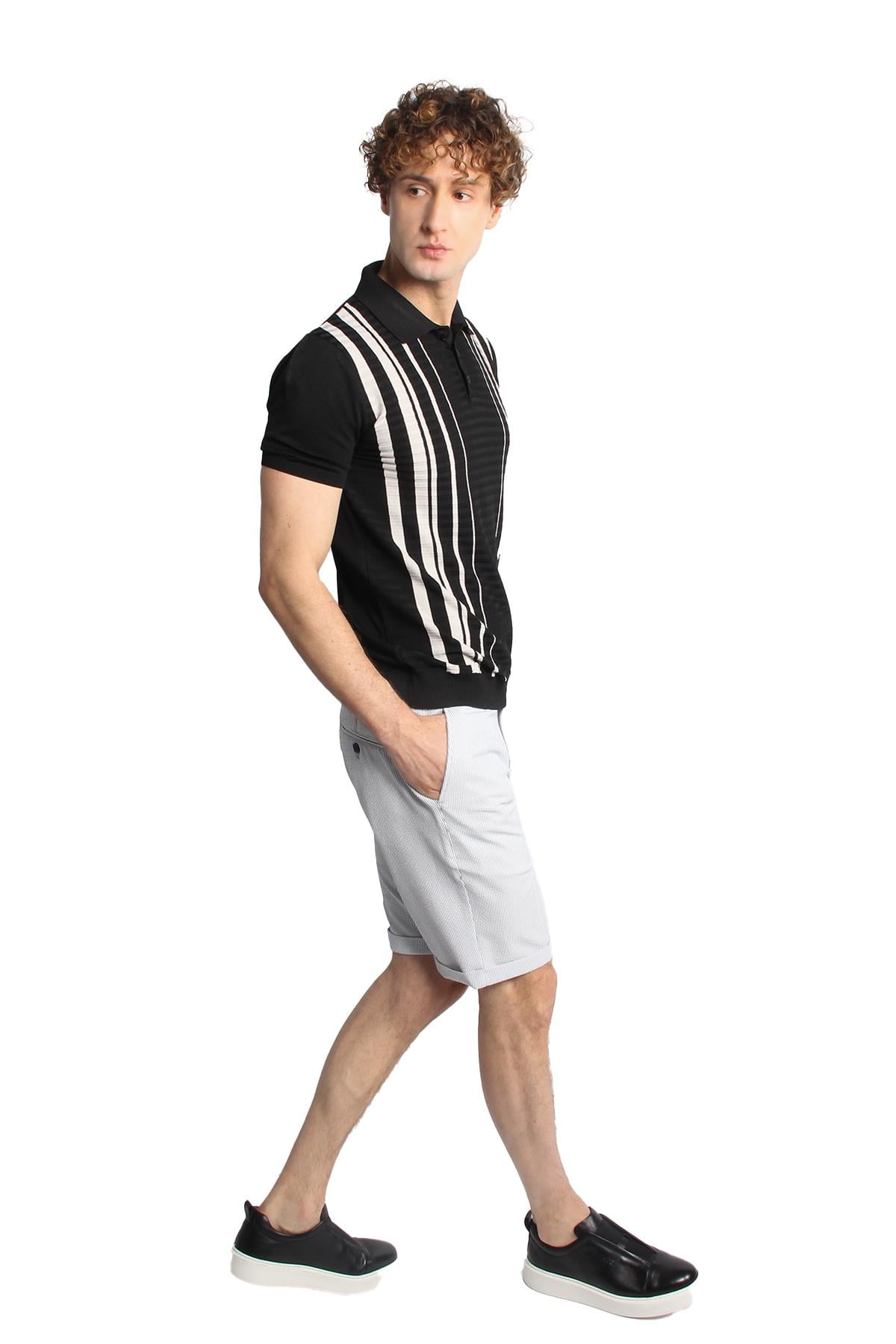 Erkek Siyah Slim Fit Dar Kalıp Düğmeli Polo Yaka Desenli Kısa Kollu Triko Tişört