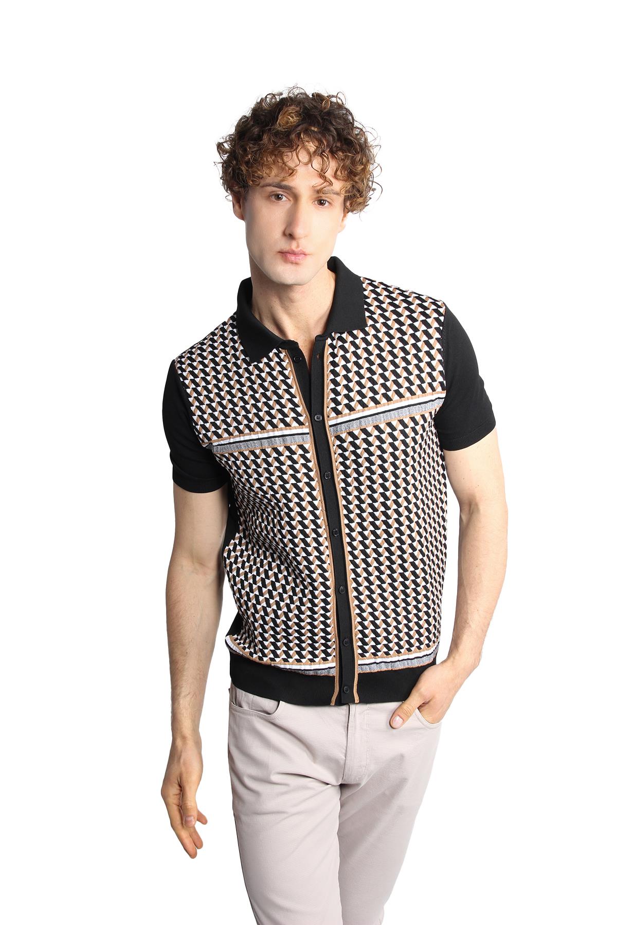 Siyah Slim Fit Dar Kalıp Düğmeli Polo Yaka Desenli Kısa Kollu Triko Tişört
