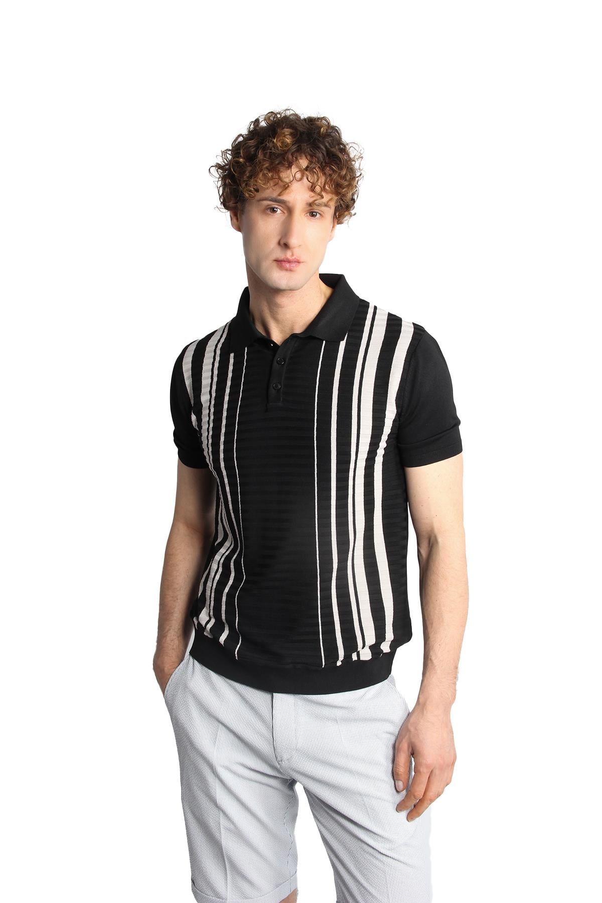 Erkek Siyah Slim Fit Dar Kalıp Düğmeli Polo Yaka Desenli Kısa Kollu Triko Tişört