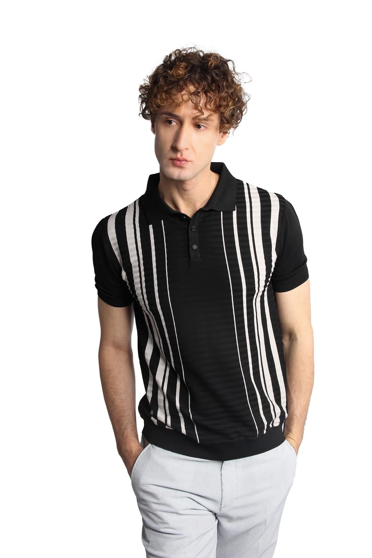 Erkek Siyah Slim Fit Dar Kalıp Düğmeli Polo Yaka Desenli Kısa Kollu Triko Tişört