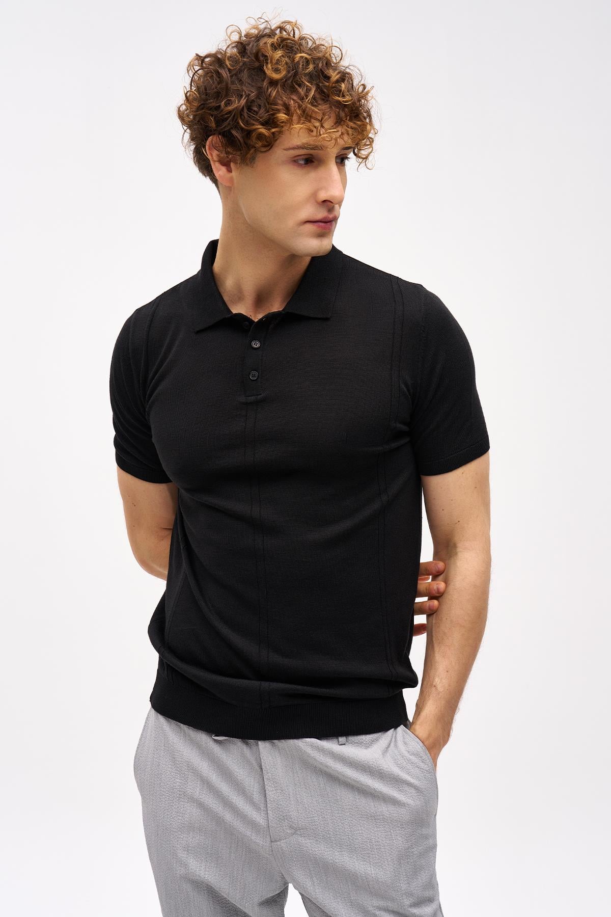 Erkek Siyah Slim Fit Dar Kalıp Polo Yaka Düz Kısa Kollu Triko Tişört