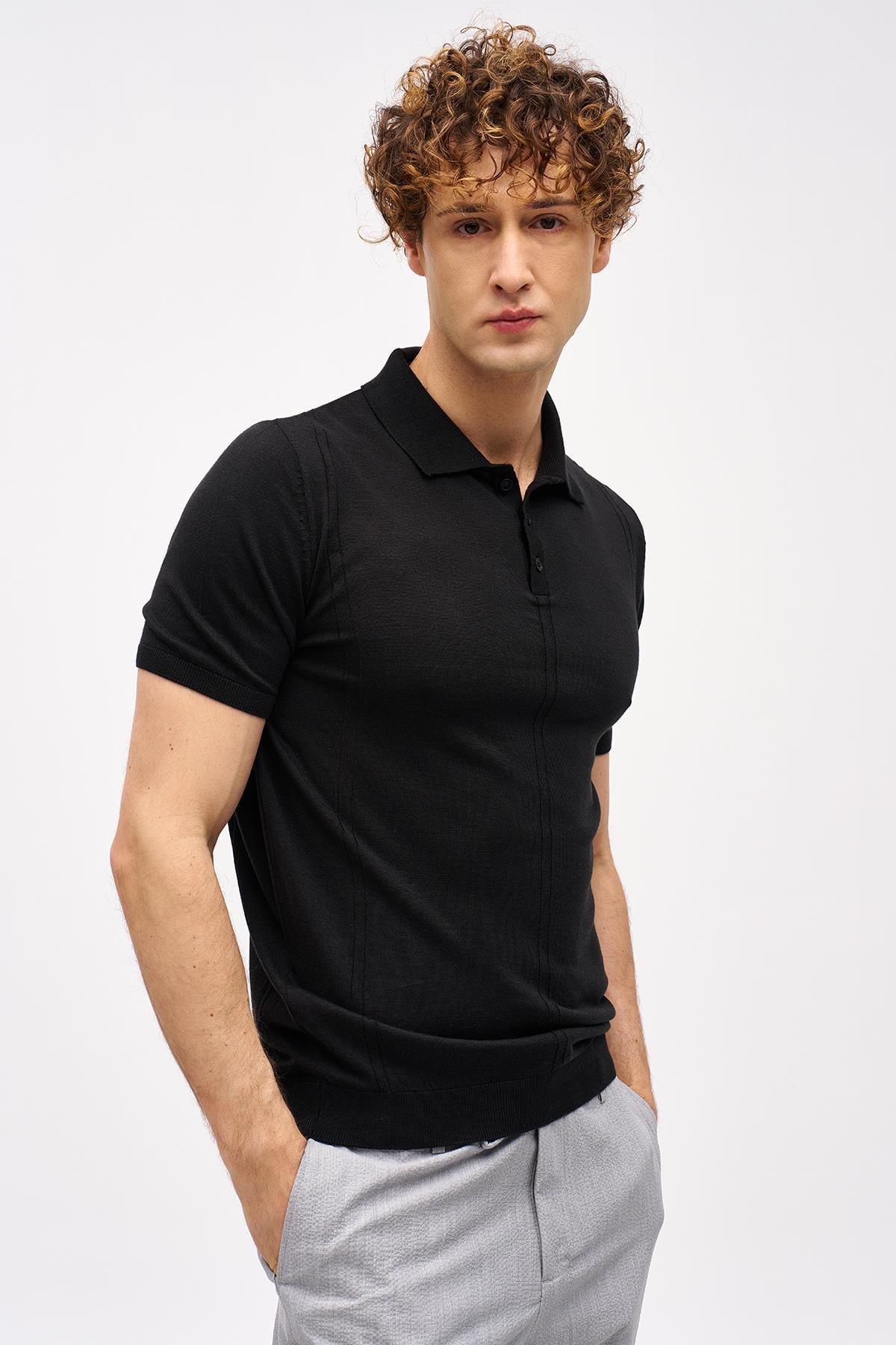 Erkek Siyah Slim Fit Dar Kalıp Polo Yaka Düz Kısa Kollu Triko Tişört