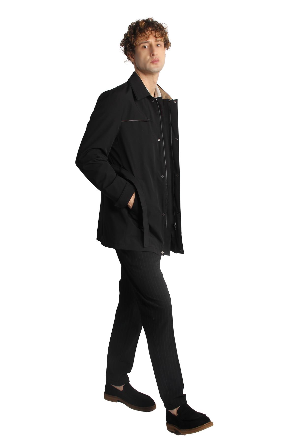 Siyah Regular Fit Standart Kalıp Gömlek Yaka Polyester Trenç