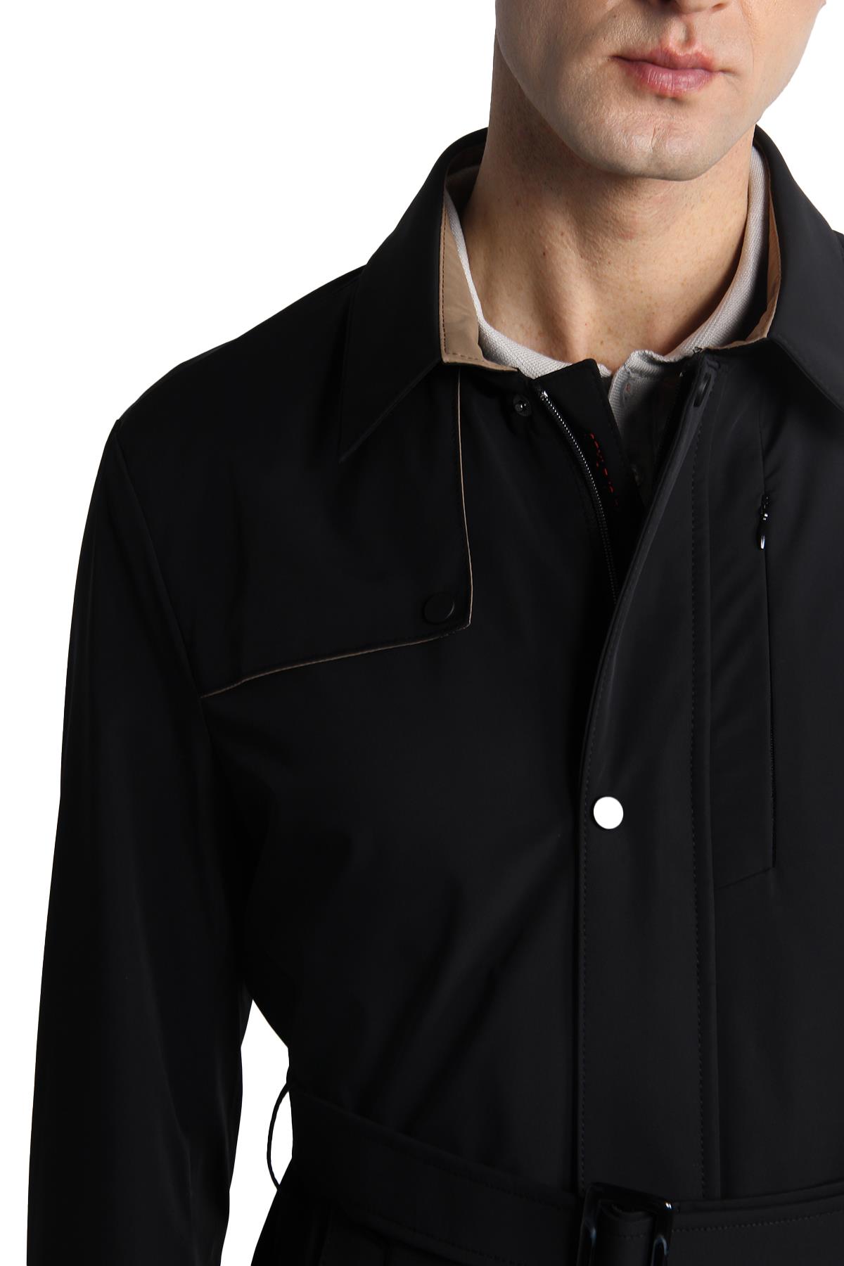 Siyah Regular Fit Standart Kalıp Gömlek Yaka Polyester Trenç