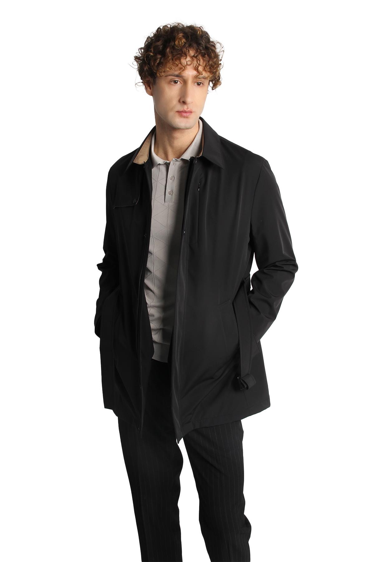 Siyah Regular Fit Standart Kalıp Gömlek Yaka Polyester Trenç
