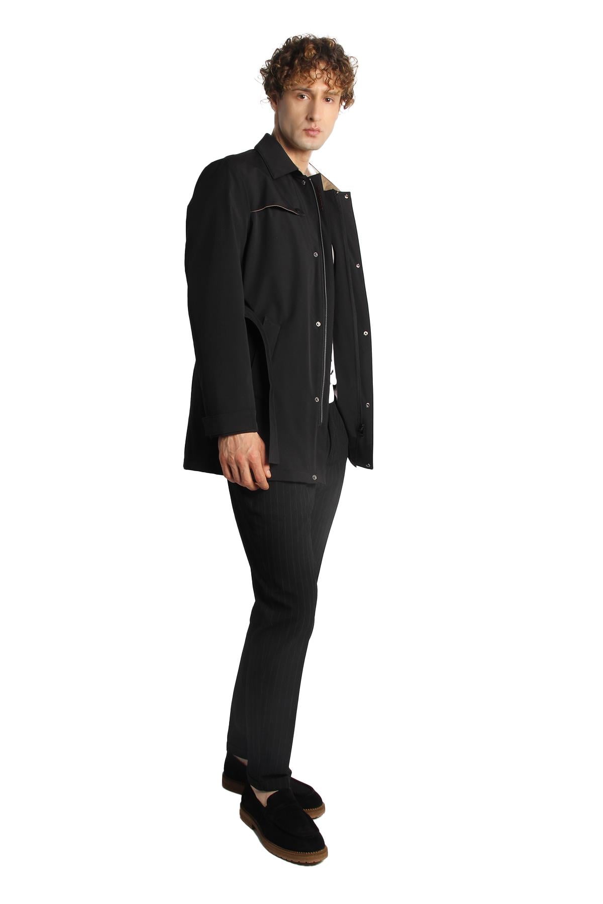 Siyah Regular Fit Standart Kalıp Gömlek Yaka Polyester Trenç