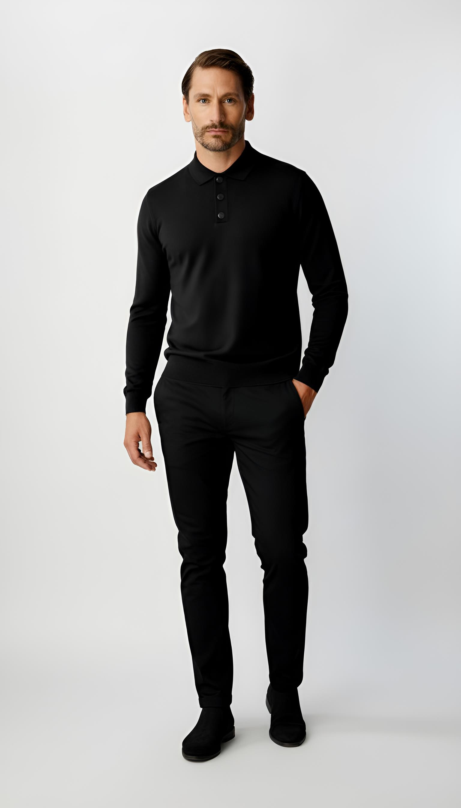 Siyah Standart Fit Dar Kalıp Polo Yaka Düz Uzun Kollu  Triko