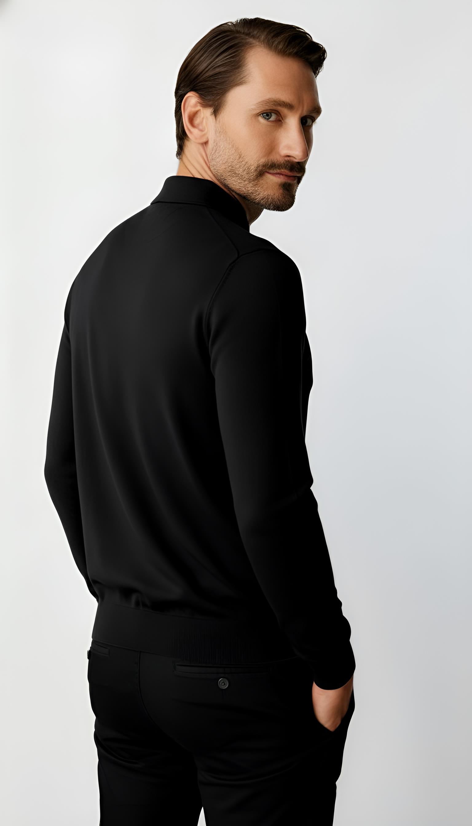 Siyah Standart Fit Dar Kalıp Polo Yaka Düz Uzun Kollu  Triko