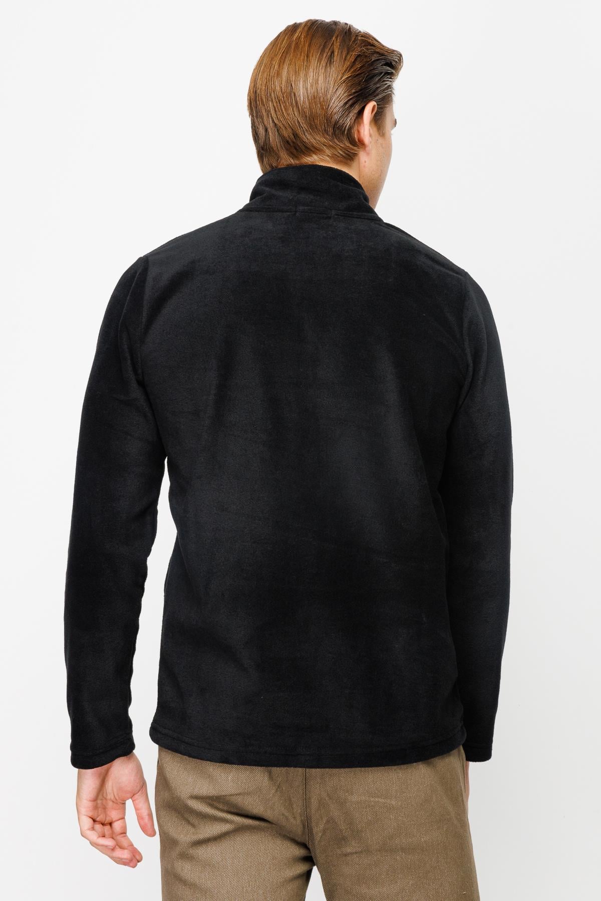 Siyah Erkek Yarım Fermuar Polar Sweatshirt Dik Yaka Model