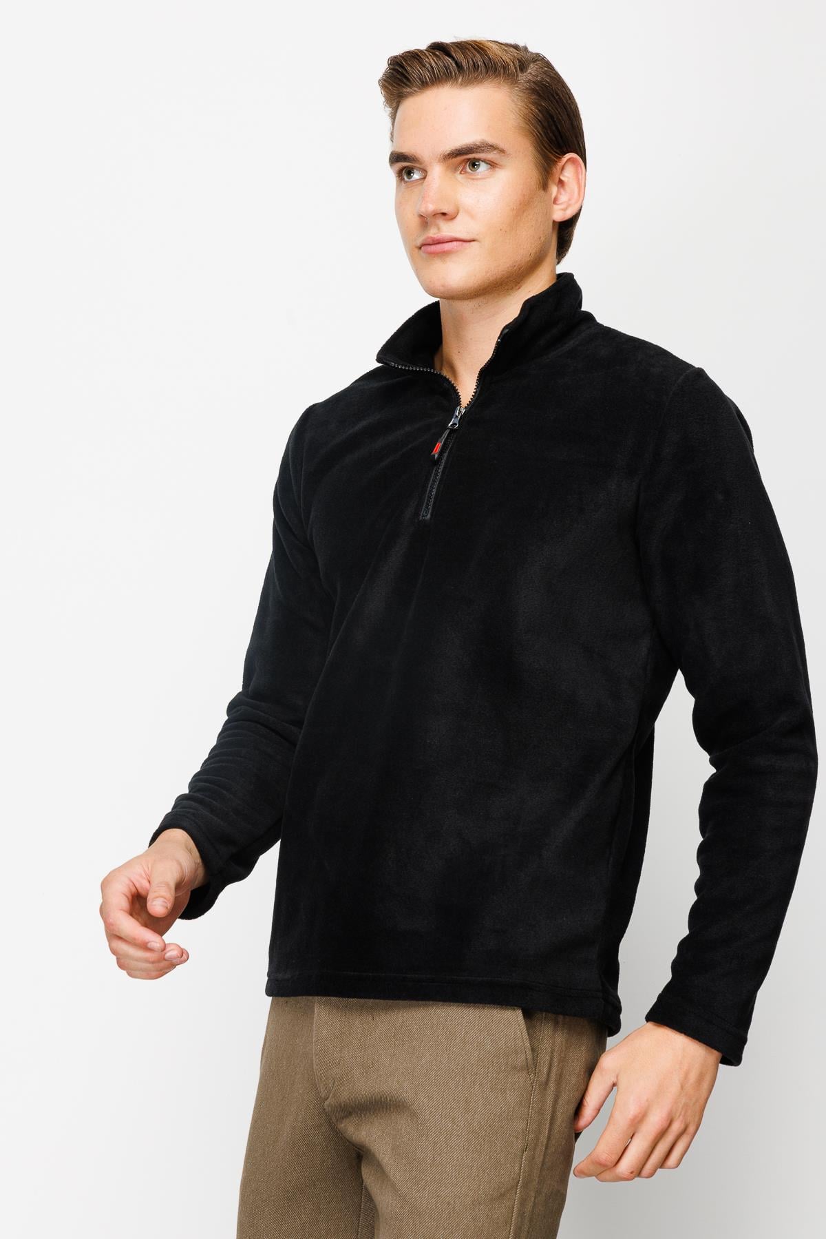 Siyah Erkek Yarım Fermuar Polar Sweatshirt Dik Yaka Model