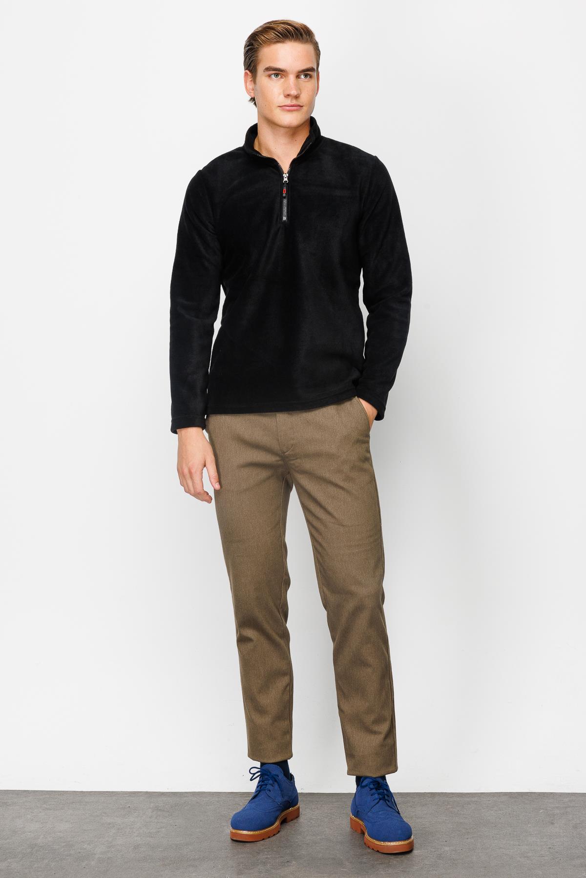 Siyah Erkek Yarım Fermuar Polar Sweatshirt Dik Yaka Model