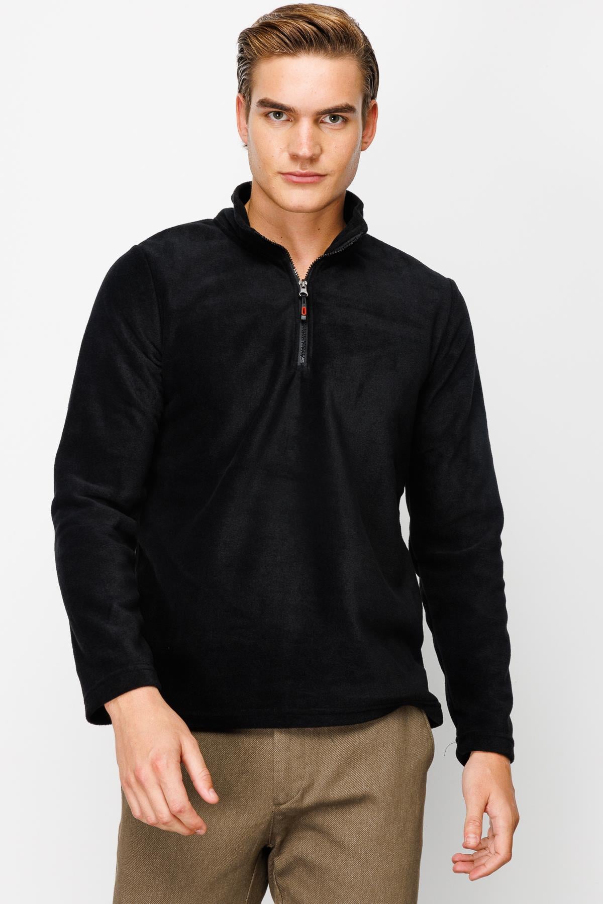 Siyah Erkek Yarım Fermuar Polar Sweatshirt Dik Yaka Model