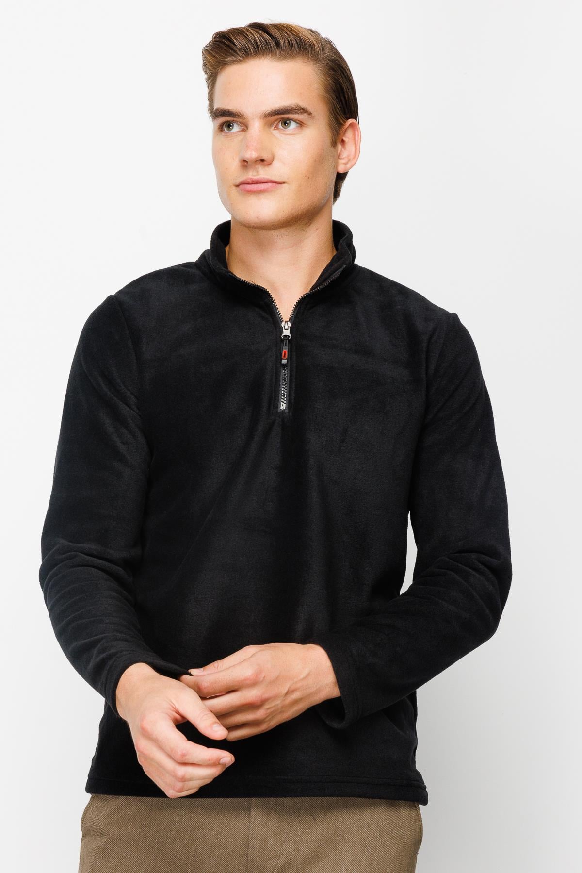 Siyah Erkek Yarım Fermuar Polar Sweatshirt Dik Yaka Model