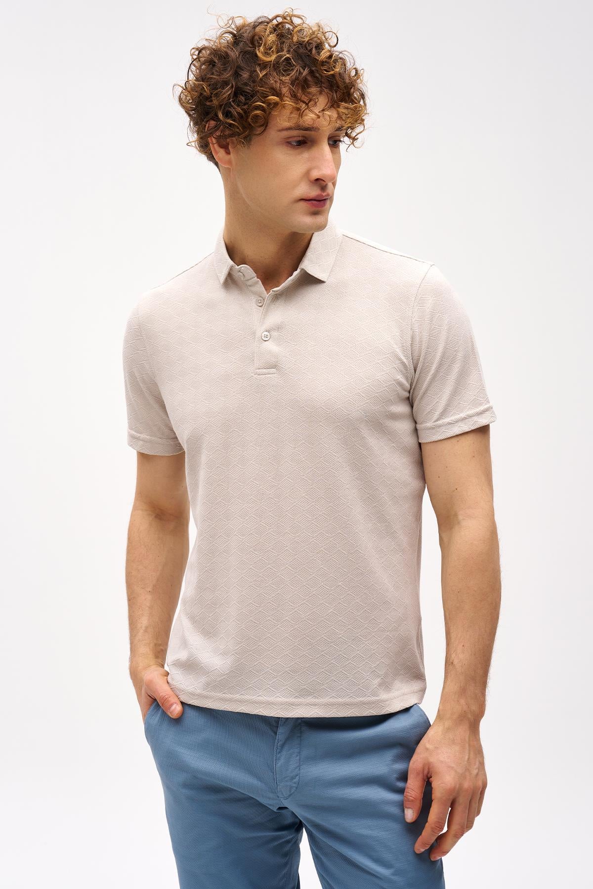 Erkek Taş Slim Fit Dar Kalıp Polo Yaka Desenli Kısa Kollu Tişört