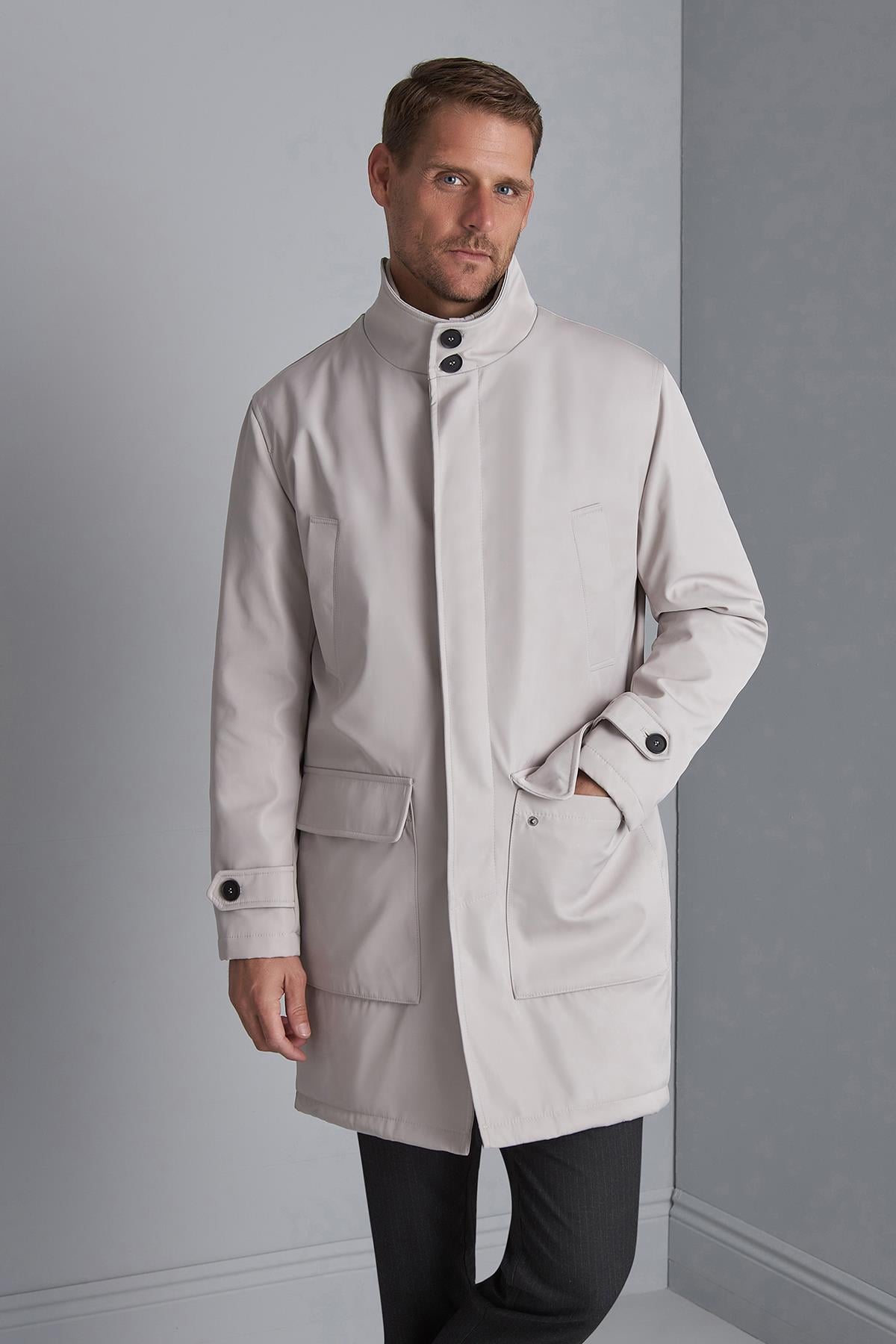 Taş Renk Erkek Kaban Dik Yaka Modern Kesim Uzun Model