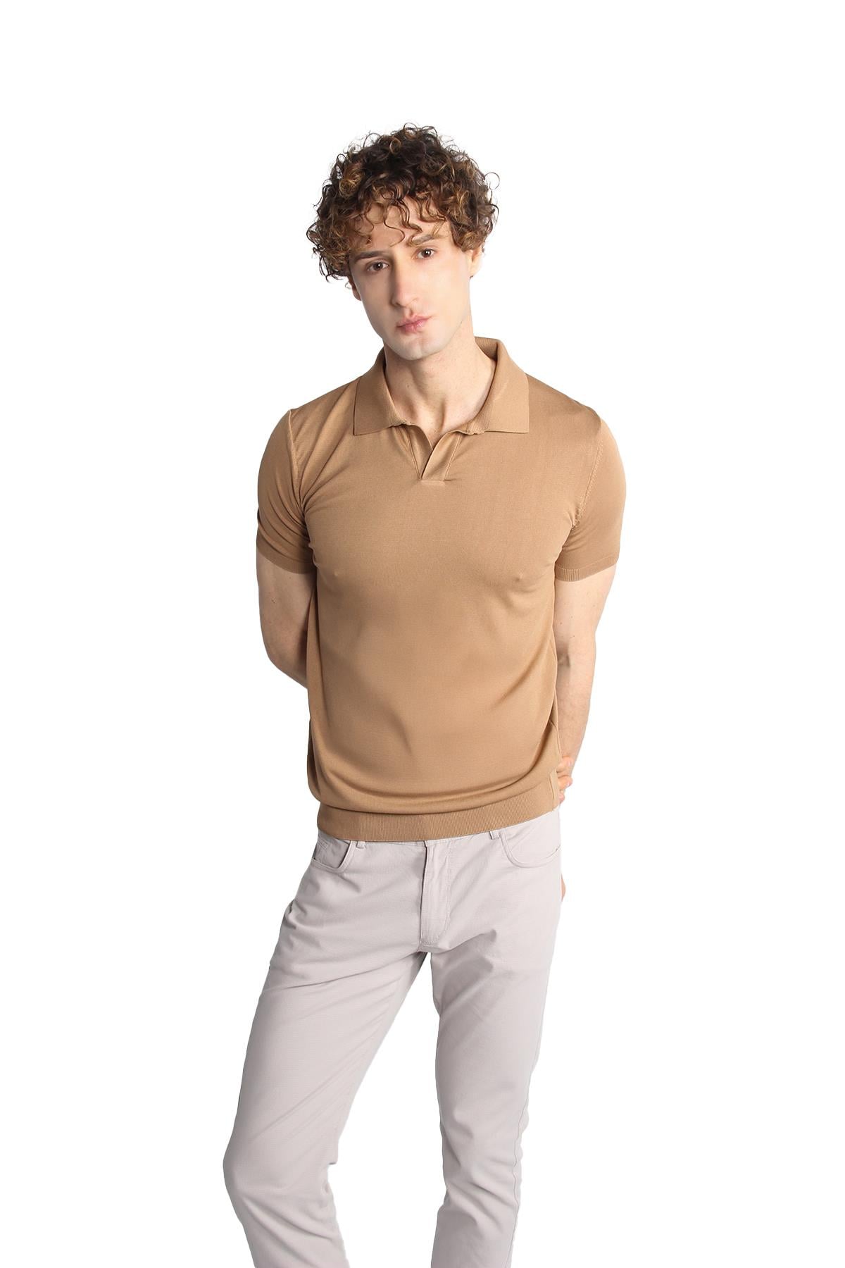 Erkek Vizon Slim Fit Dar Kalıp Polo Yaka Düz Kısa Kollu Triko Tişört