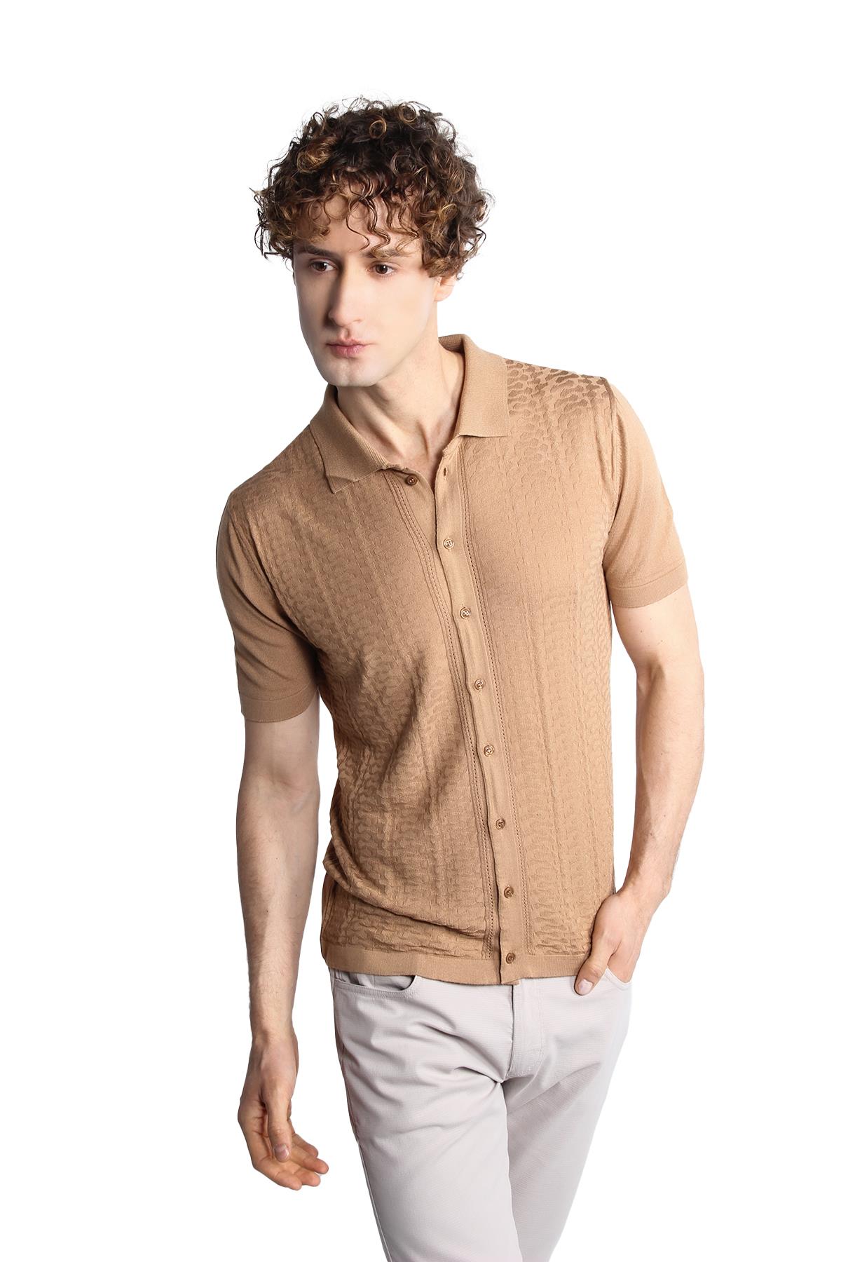 Vizon Slim Fit Dar Kalıp Düğmeli Polo Yaka Desenli Kısa Kollu Triko Tişört