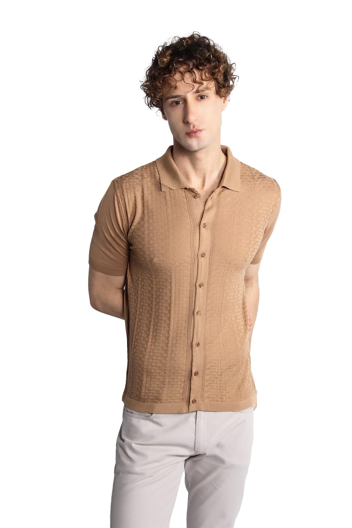 Vizon Slim Fit Dar Kalıp Düğmeli Polo Yaka Desenli Kısa Kollu Triko Tişört