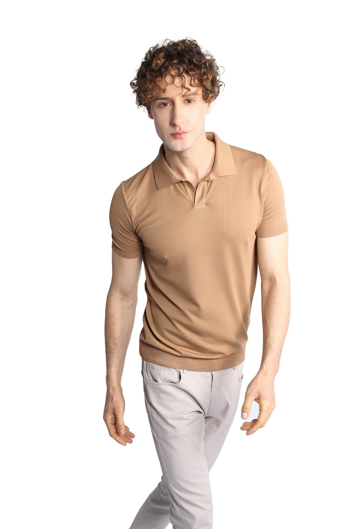 Erkek Vizon Slim Fit Dar Kalıp Polo Yaka Düz Kısa Kollu Triko Tişört
