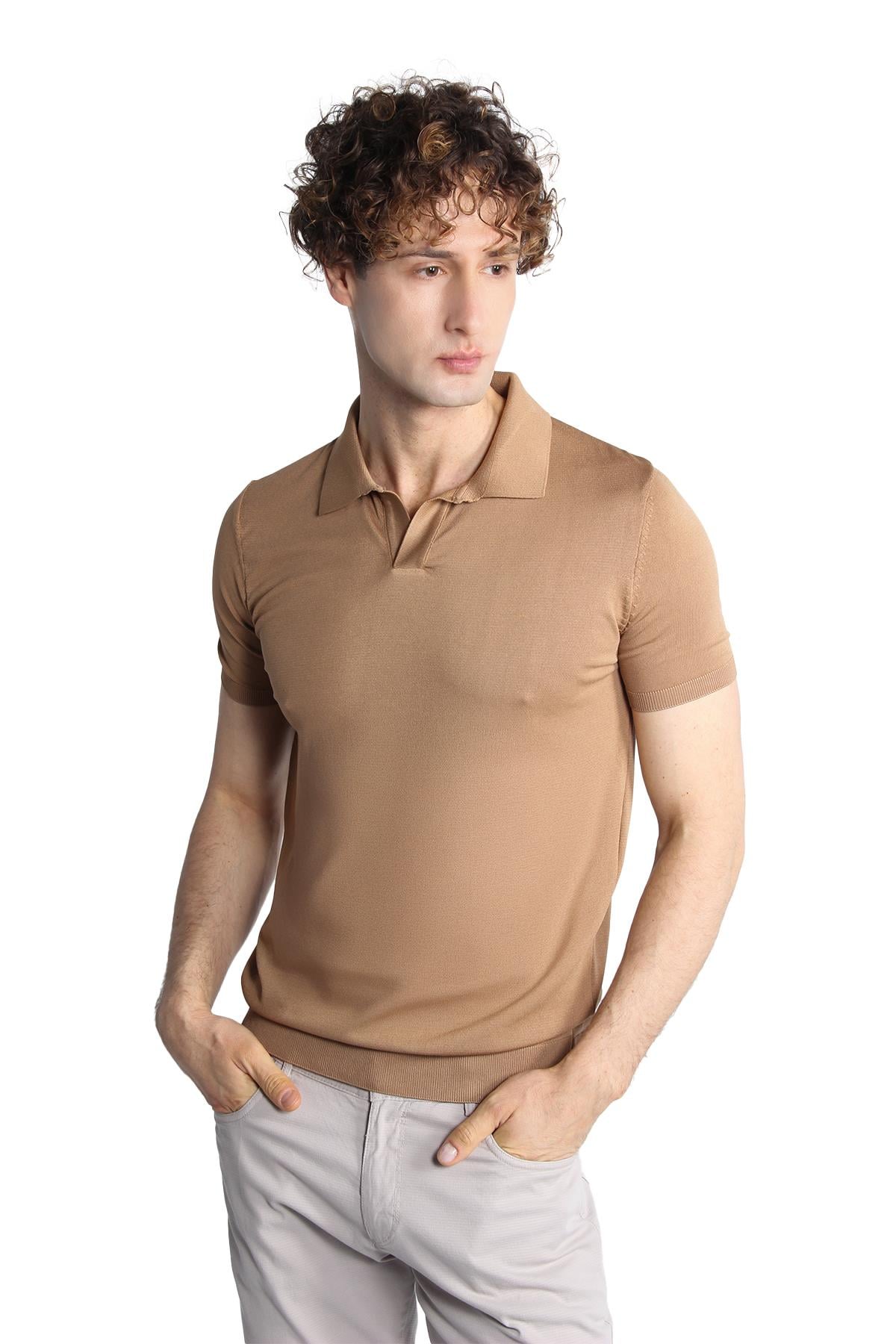 Erkek Vizon Slim Fit Dar Kalıp Polo Yaka Düz Kısa Kollu Triko Tişört