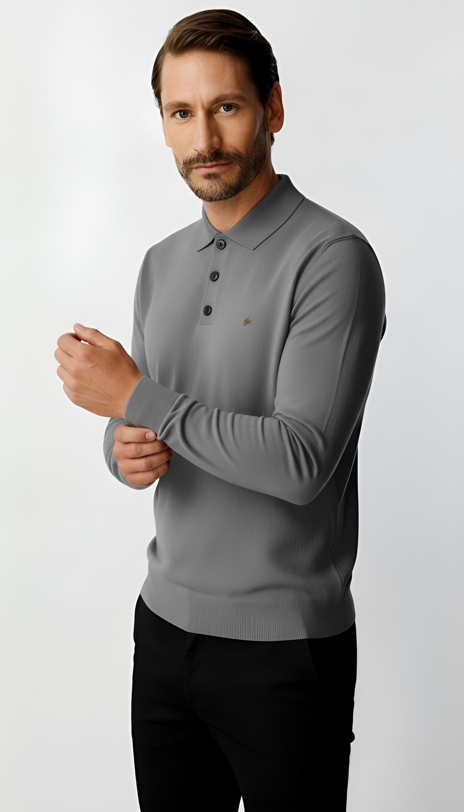 Gri Standart Fit Dar Kalıp Polo Yaka Düğmeli Düz Uzun Kollu Rayon Triko