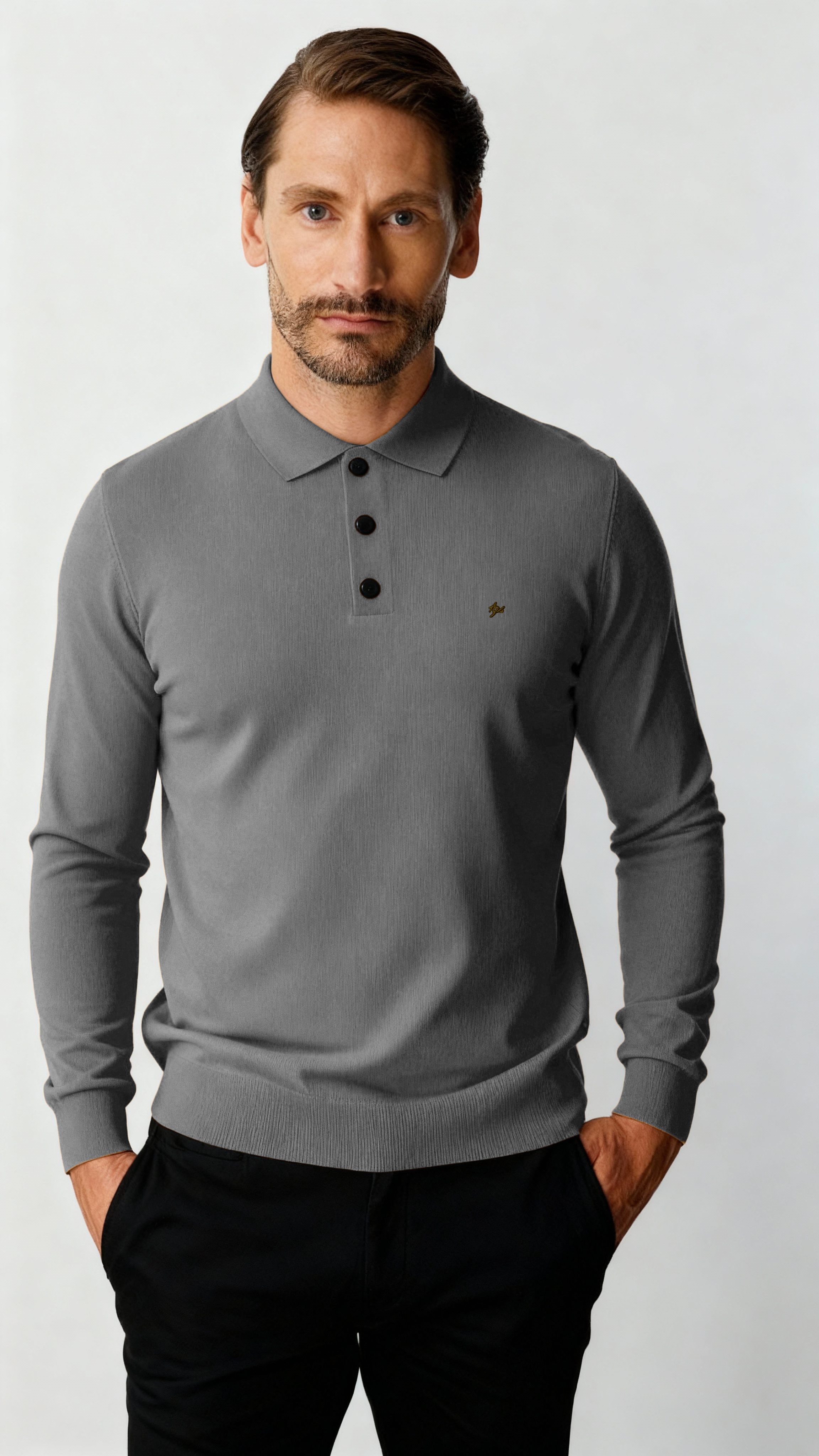 Gri Standart Fit Dar Kalıp Polo Yaka Düğmeli Düz Uzun Kollu Rayon Triko