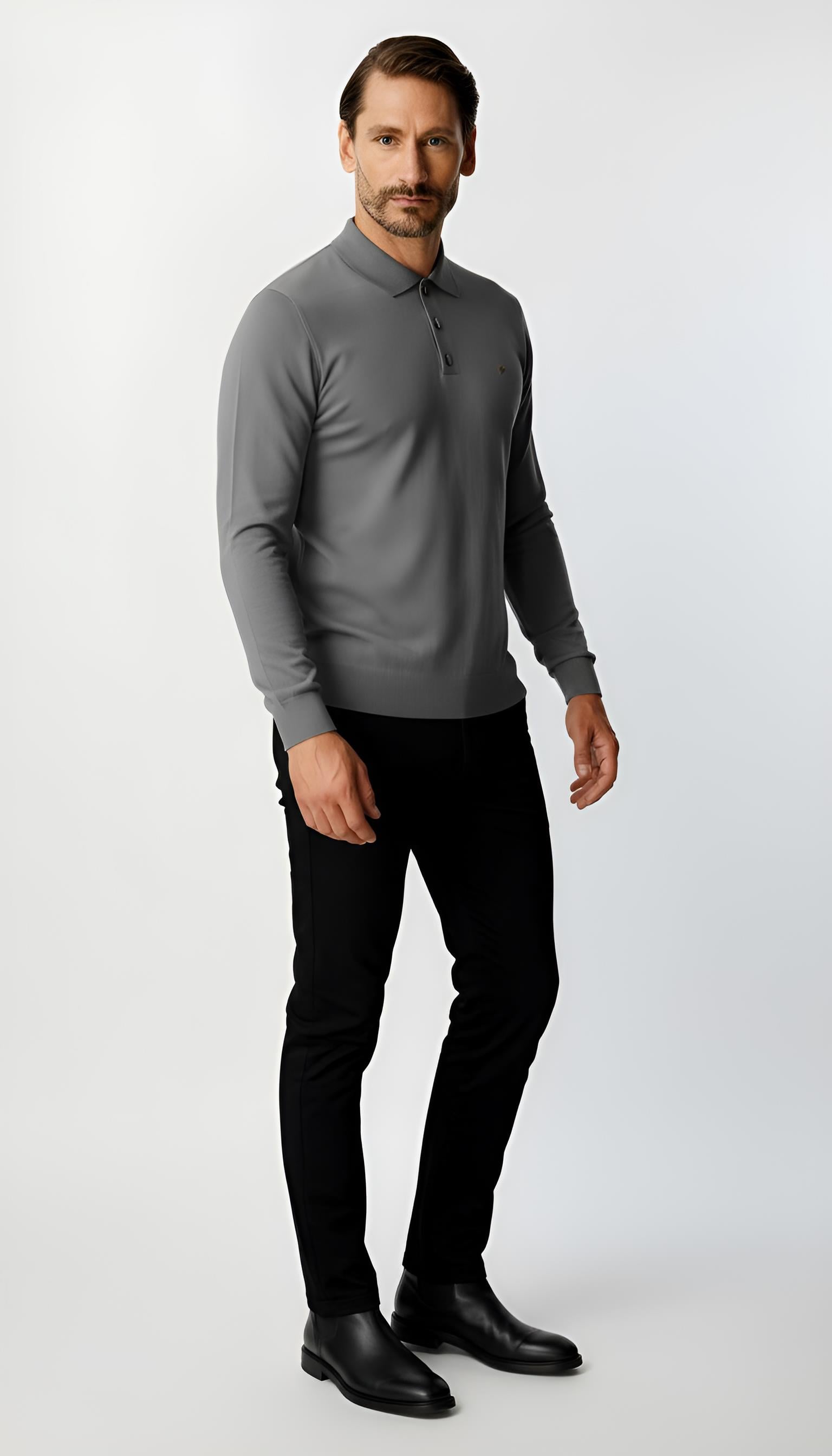 Gri Standart Fit Dar Kalıp Polo Yaka Düğmeli Düz Uzun Kollu Rayon Triko