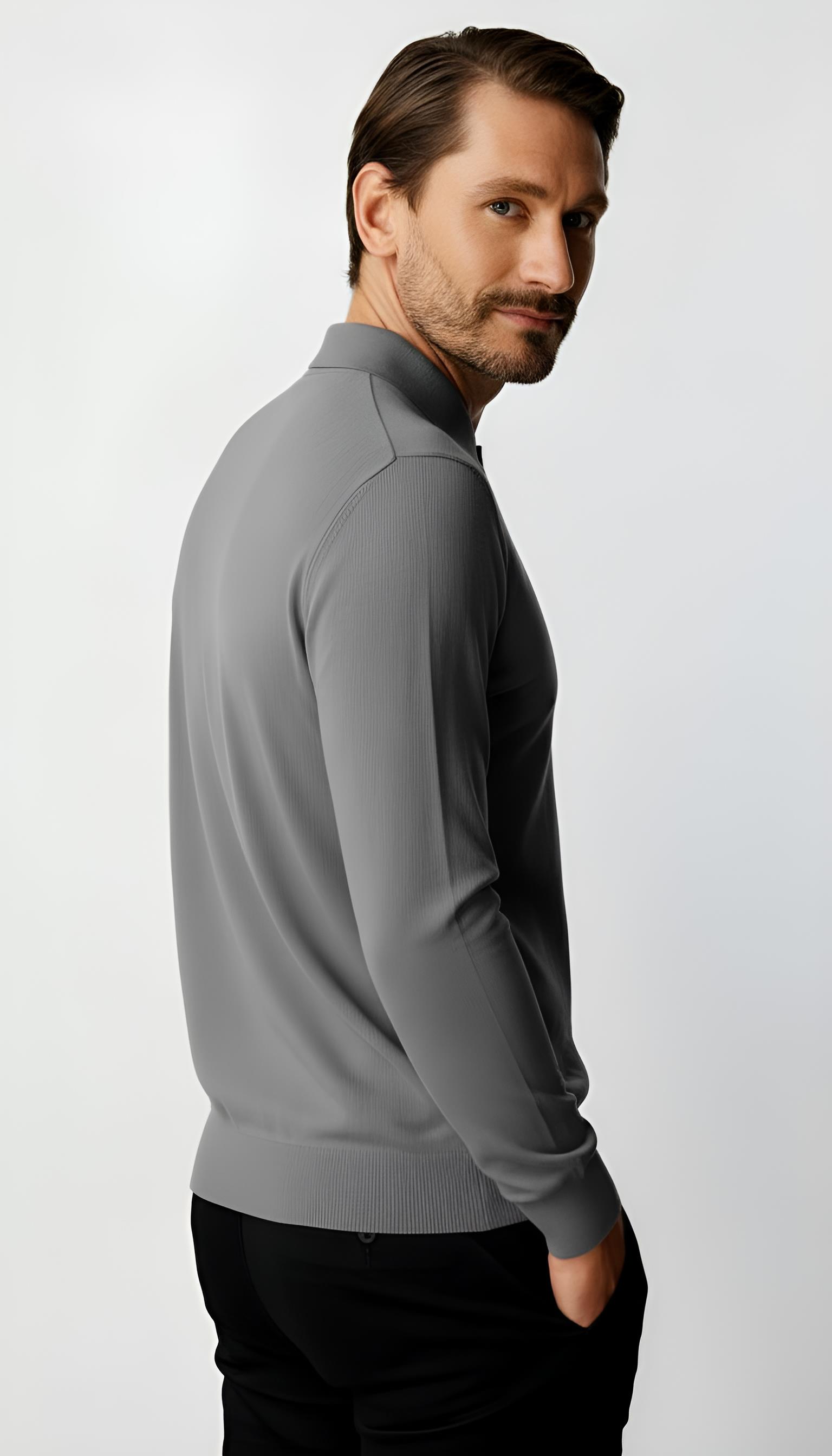 Gri Standart Fit Dar Kalıp Polo Yaka Düğmeli Düz Uzun Kollu Rayon Triko