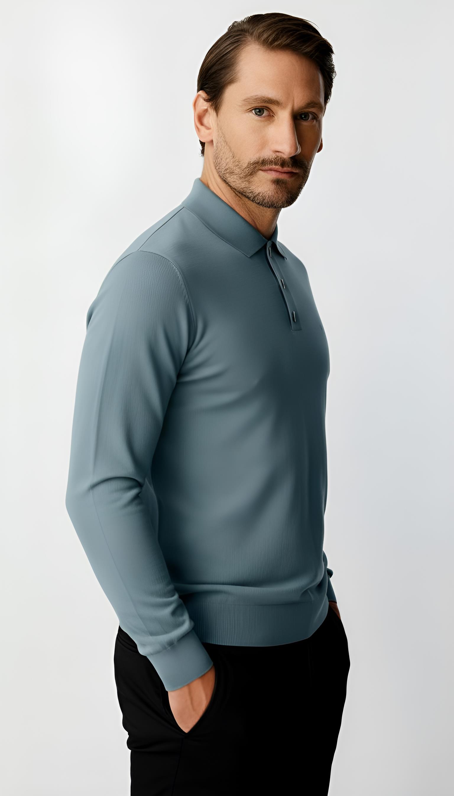 İndigo Standart Fit Dar Kalıp Polo Yaka Düğmeli Düz Uzun Kollu Triko