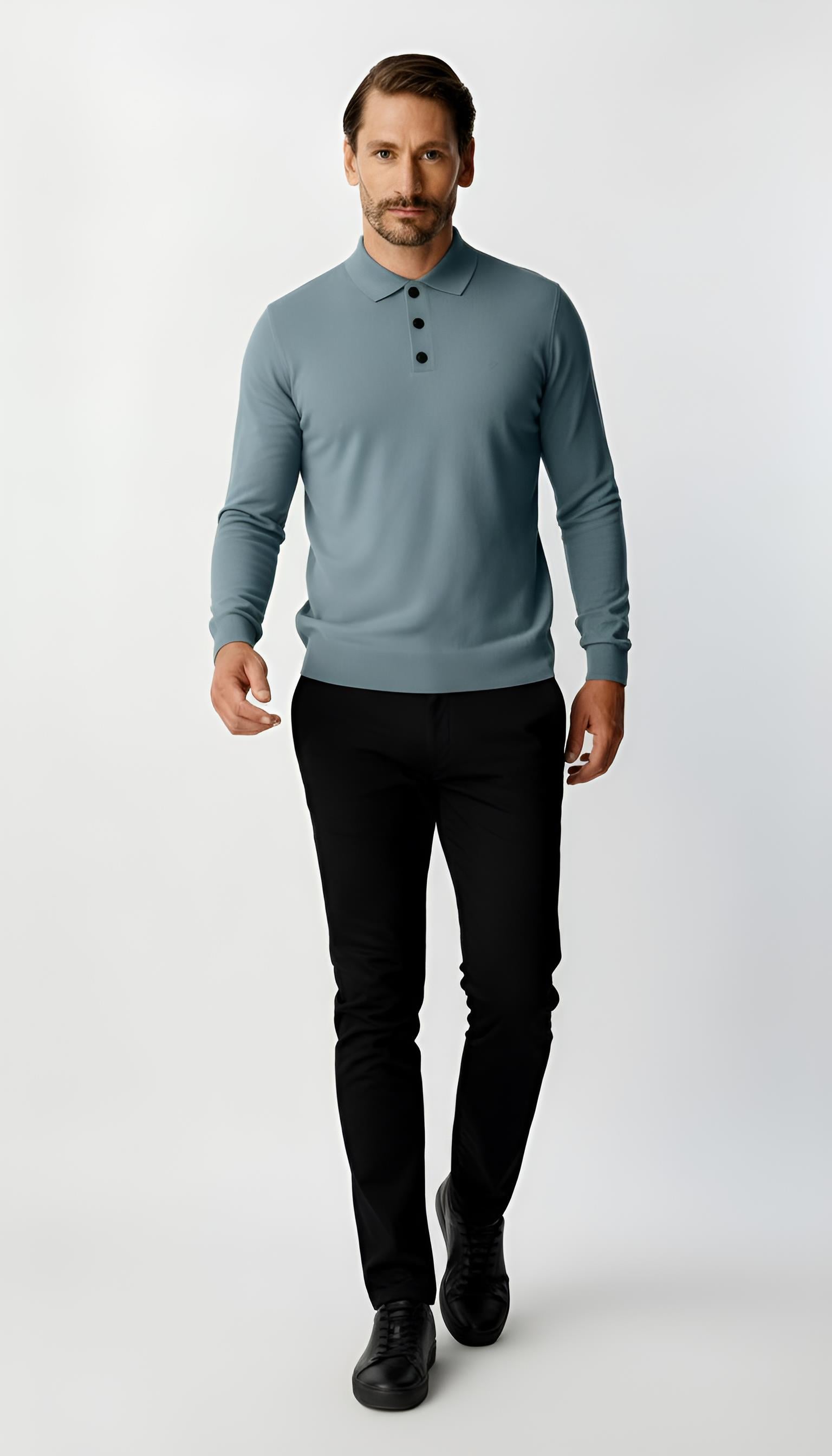 İndigo Standart Fit Dar Kalıp Polo Yaka Düğmeli Düz Uzun Kollu Triko
