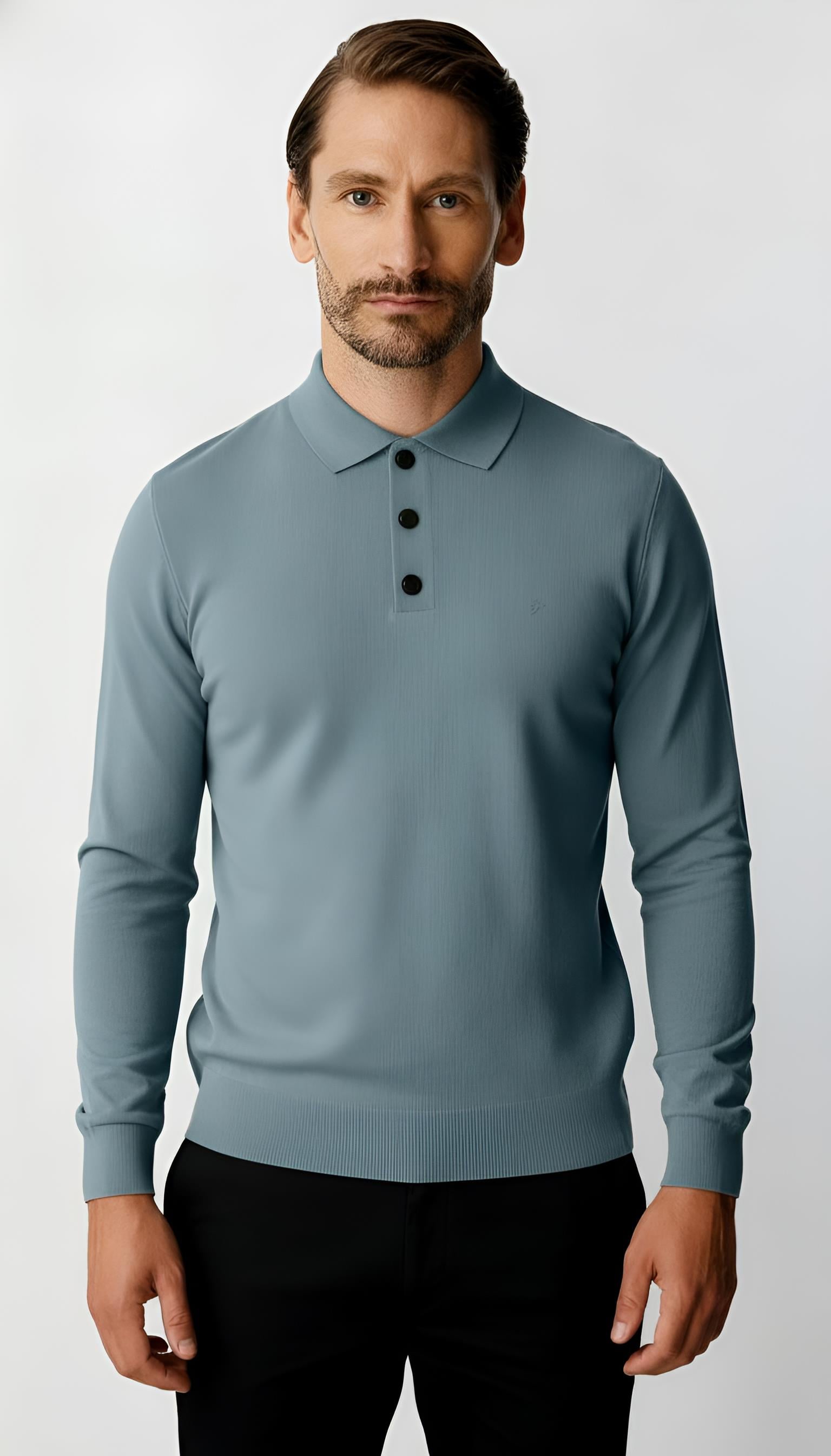 İndigo Standart Fit Dar Kalıp Polo Yaka Düğmeli Düz Uzun Kollu Triko