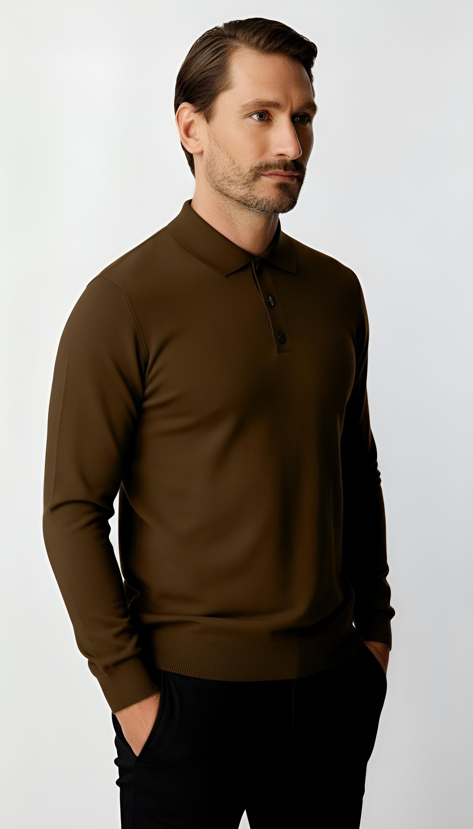 Kahve Standart Fit Dar Kalıp Polo Yaka Düğmeli Düz Uzun Kollu Triko