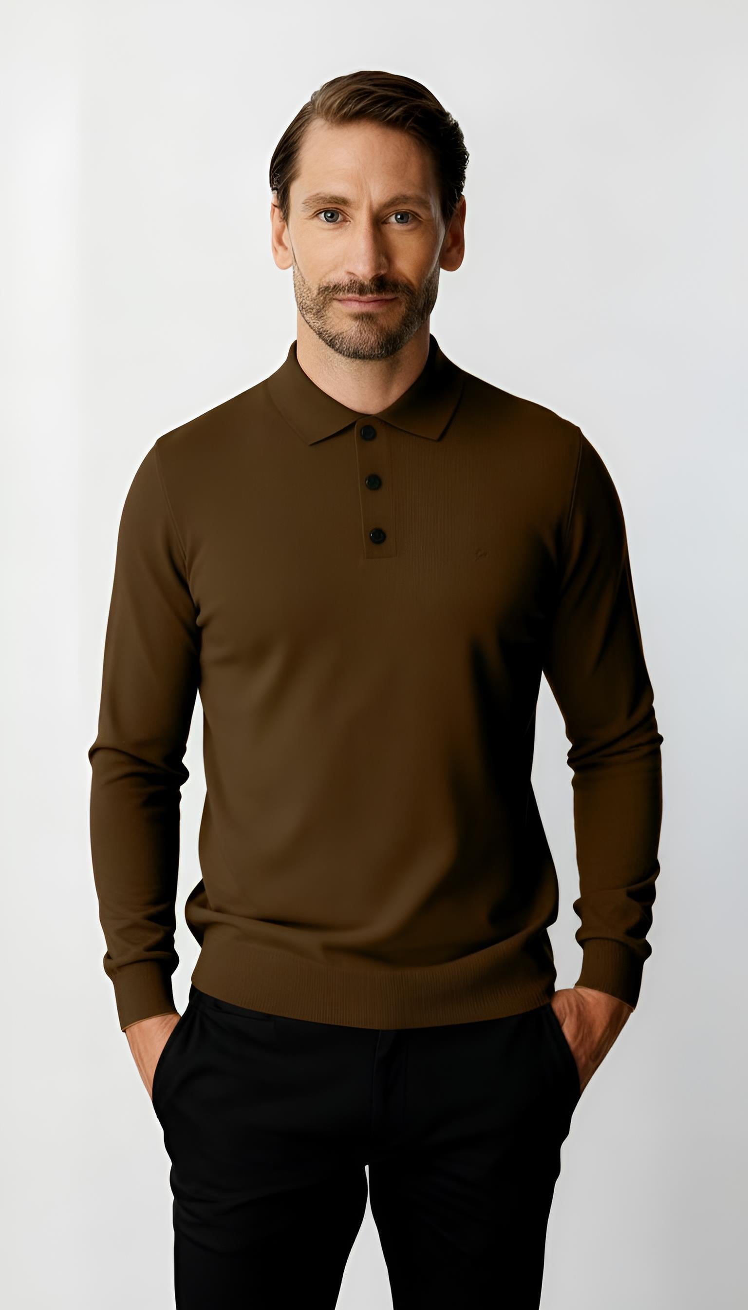 Kahve Standart Fit Dar Kalıp Polo Yaka Düğmeli Düz Uzun Kollu Triko