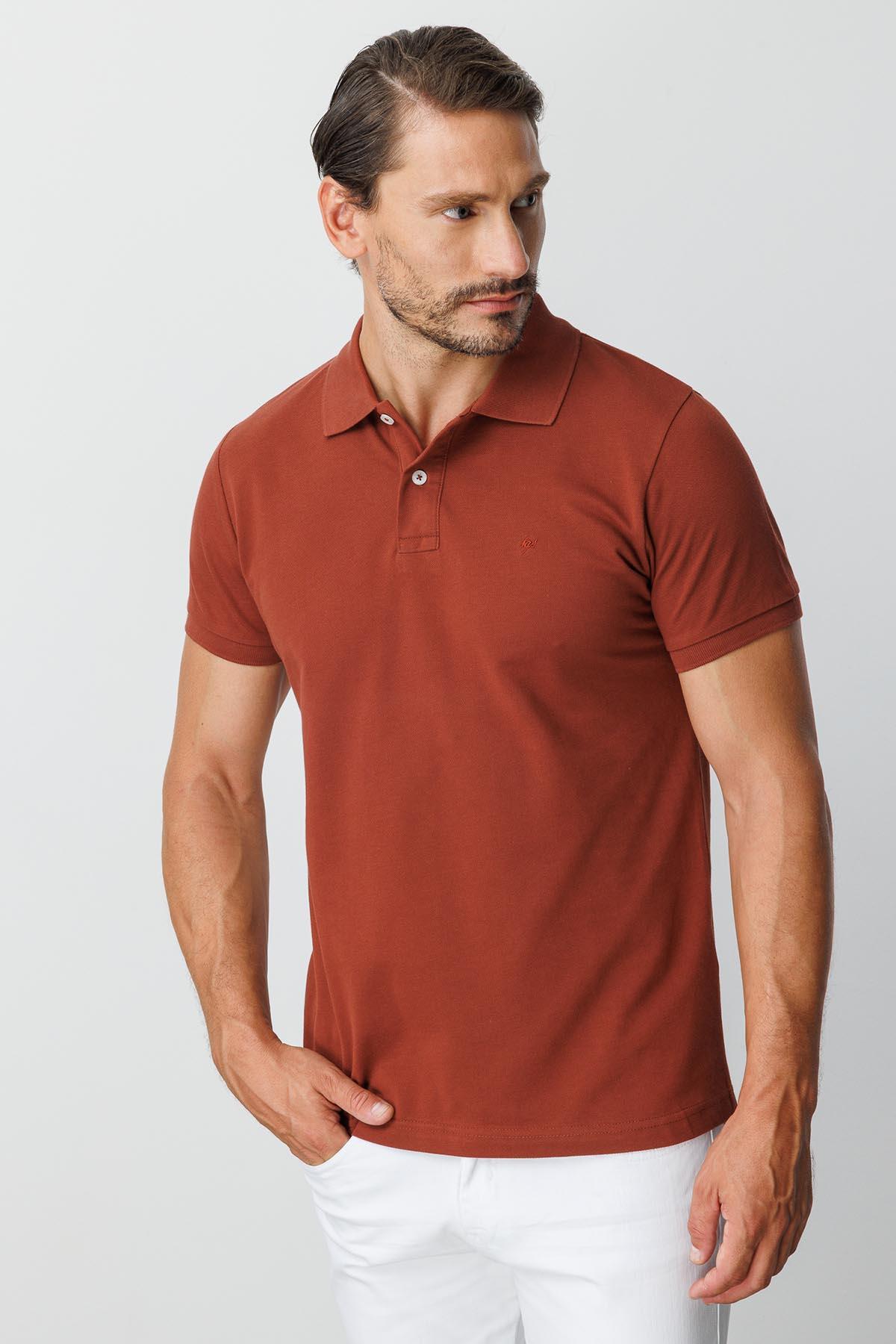 Kiremit Modern Fit Dar Kalıp Polo Yaka Düz Kısa Kollu %100 Pamuk Tişört