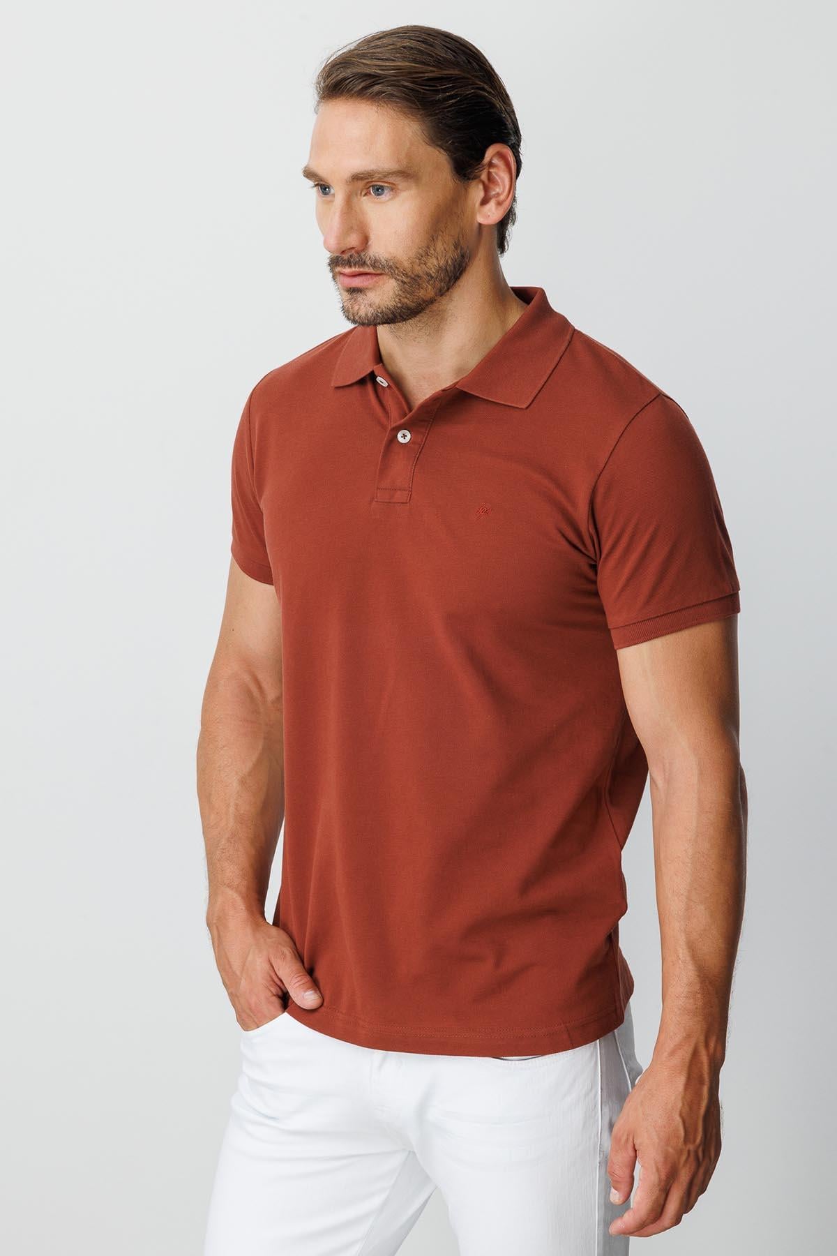 Kiremit Modern Fit Dar Kalıp Polo Yaka Düz Kısa Kollu %100 Pamuk Tişört