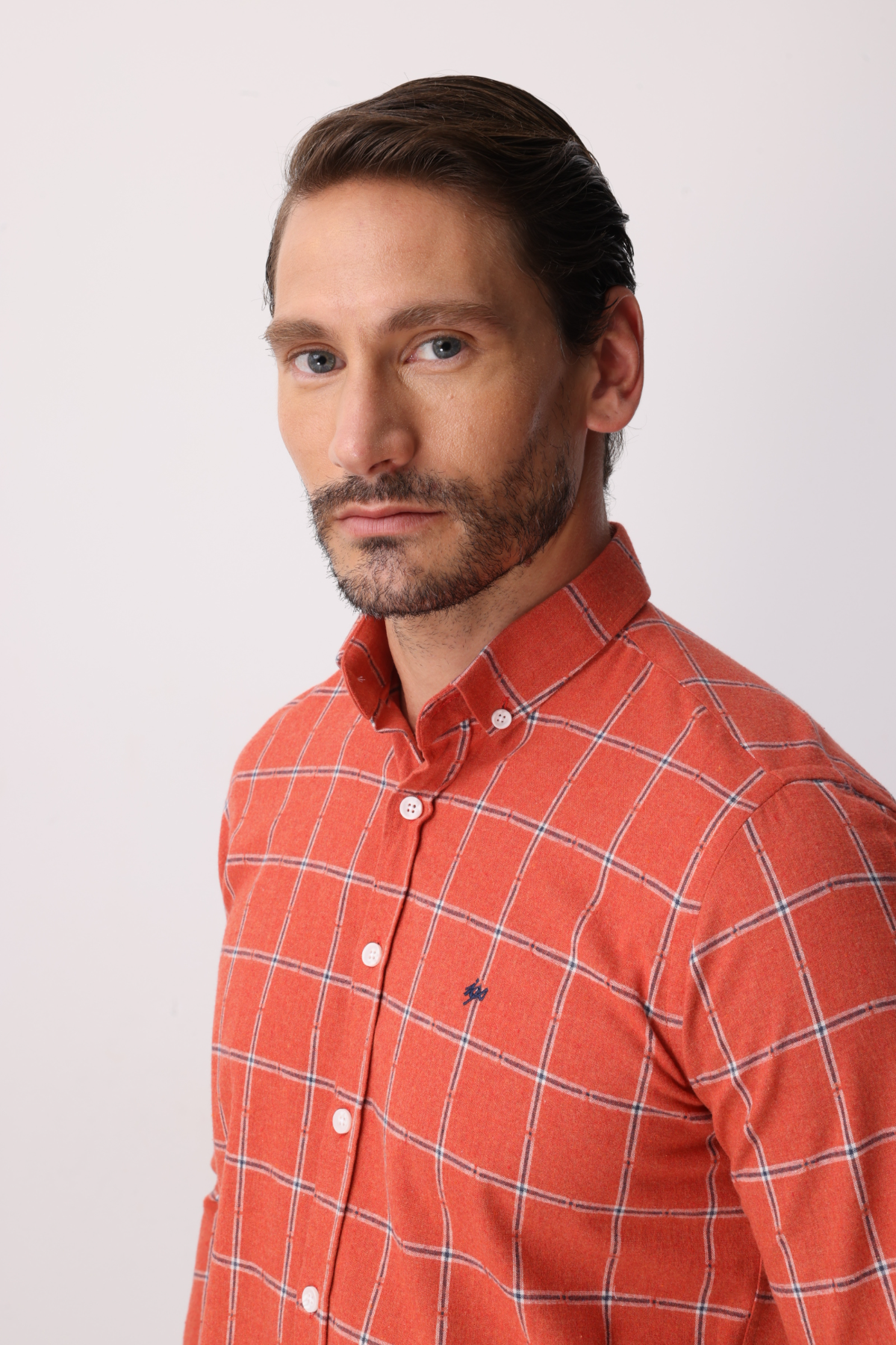 Turuncu Dynamic Fit  Düğmeli Yaka  Ekose Uzun Kollu Pamuklu Gömlek