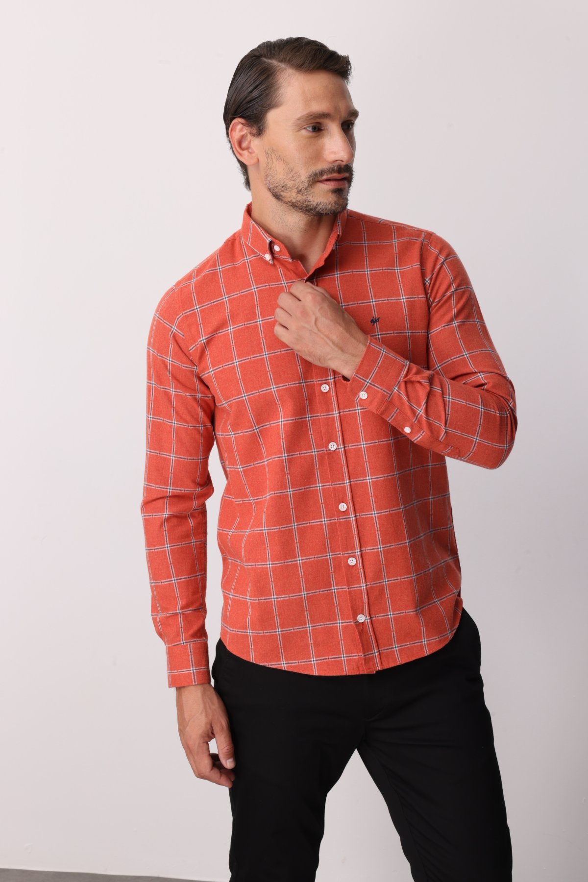 Turuncu Dynamic Fit  Düğmeli Yaka  Ekose Uzun Kollu Pamuklu Gömlek