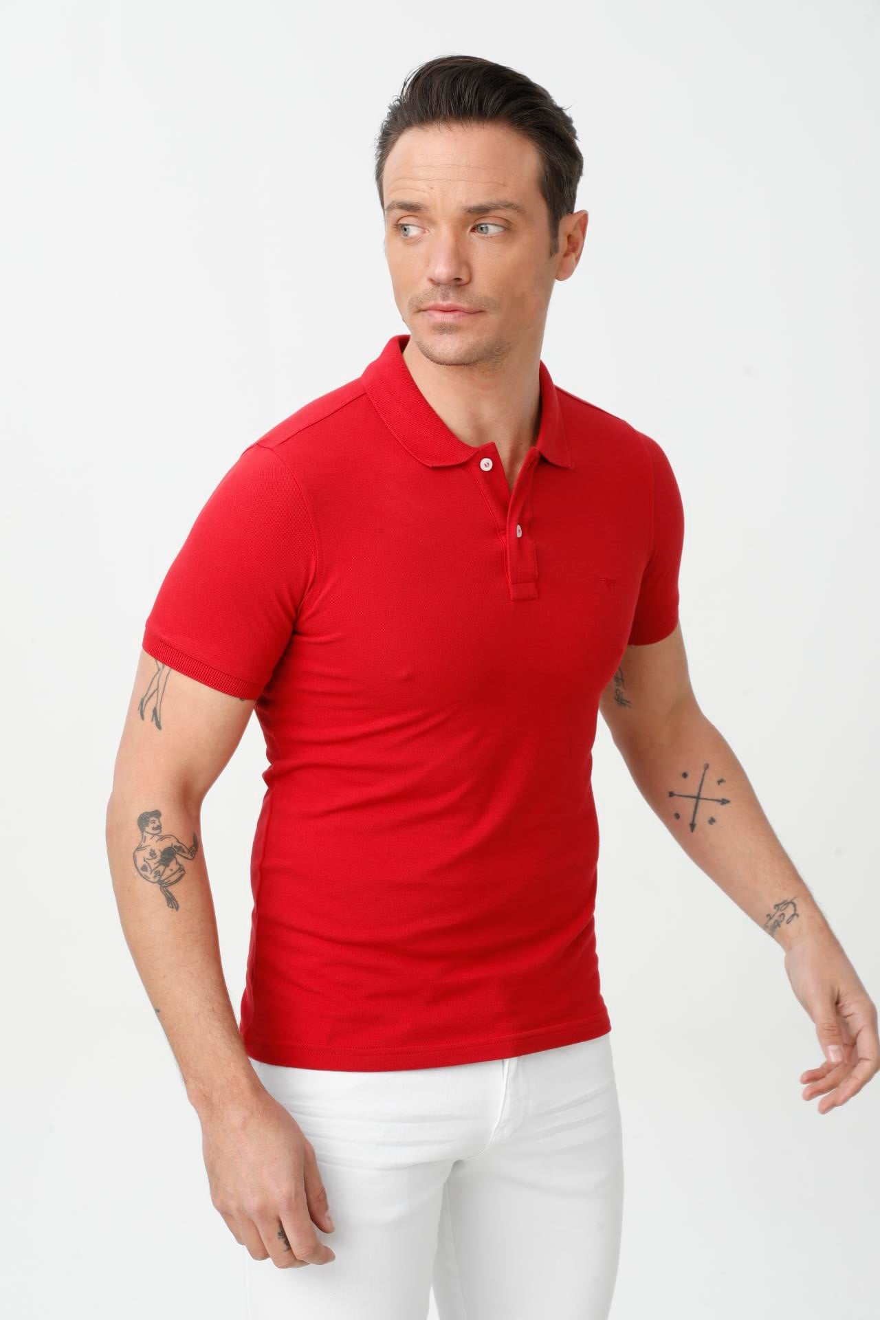 Kırmızı Modern Fit Dar Kalıp Polo Yaka Düz Kısa Kollu Pamuklu Tişört