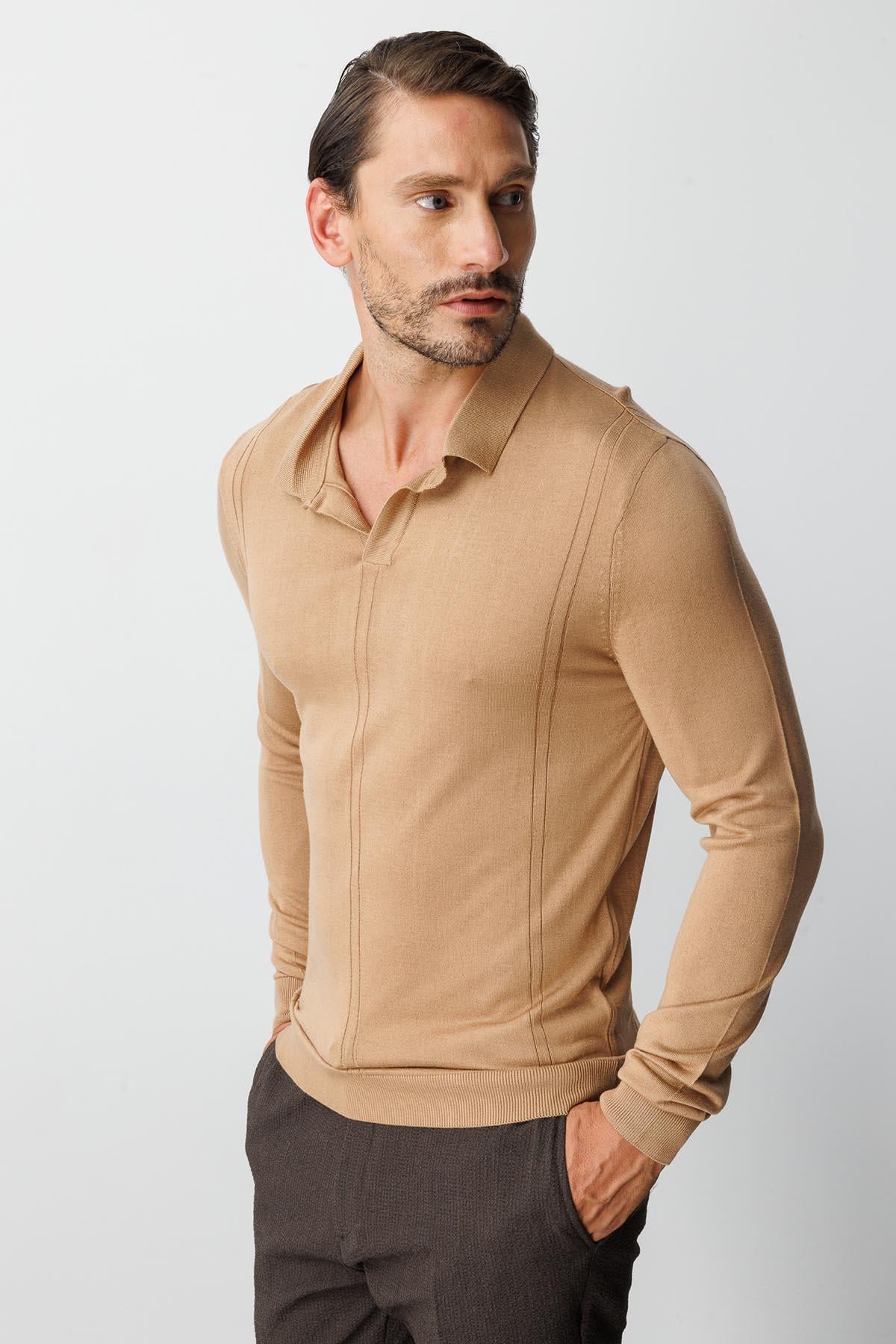 Koyu Bej Standart Fit Dar Kalıp Polo Yaka Düz Uzun Kollu Triko
