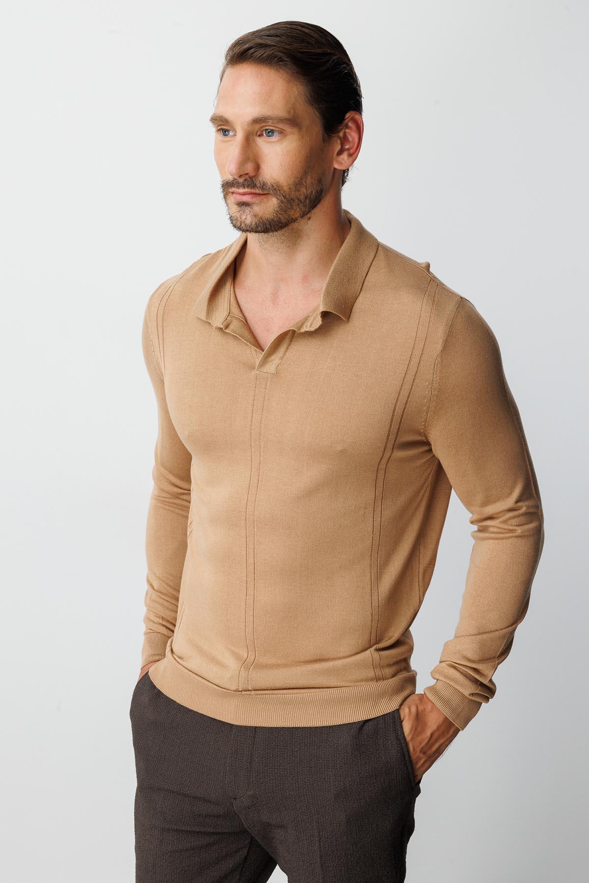 Koyu Bej Standart Fit Dar Kalıp Polo Yaka Düz Uzun Kollu Triko