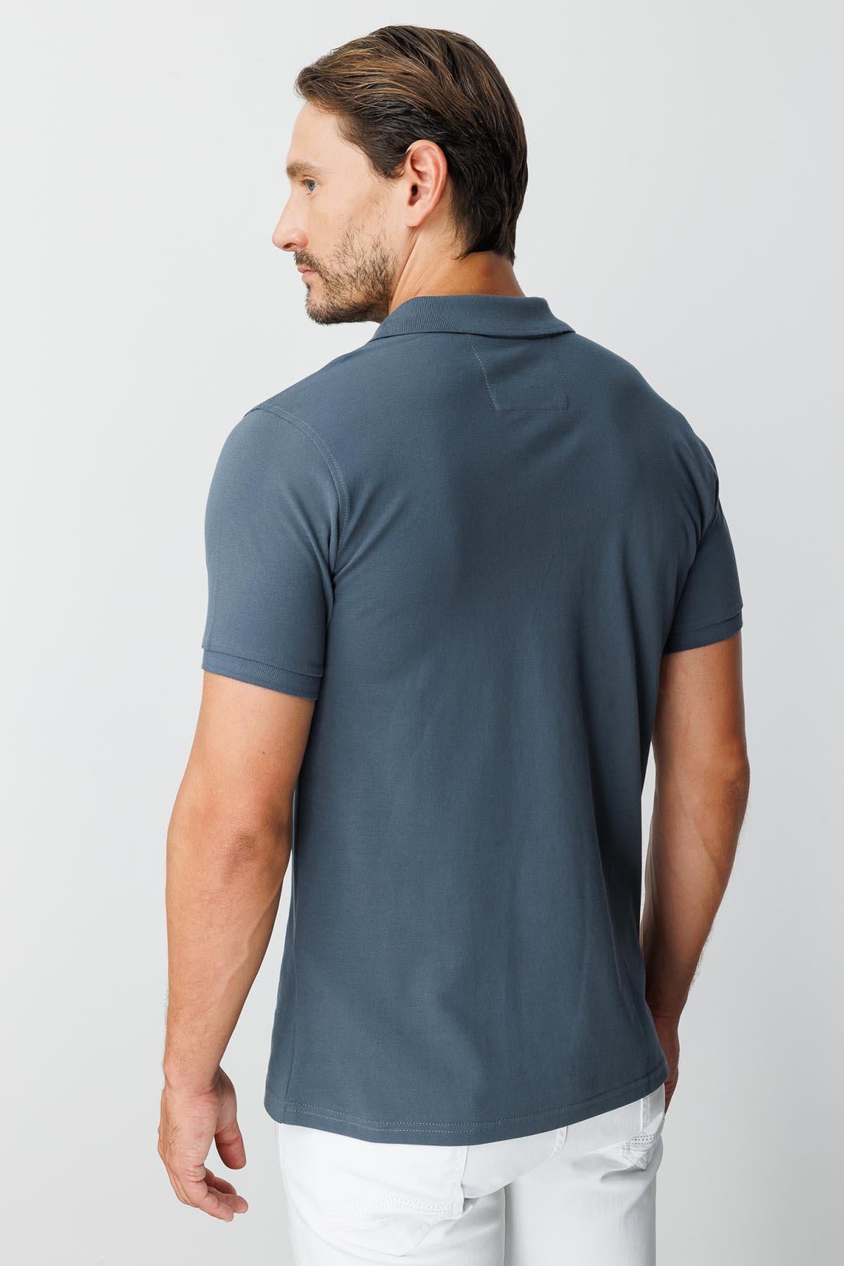Koyu Gri Modern Fit Dar Kalıp Polo Yaka Düz Kısa Kollu  %100 Pamuk Tişört