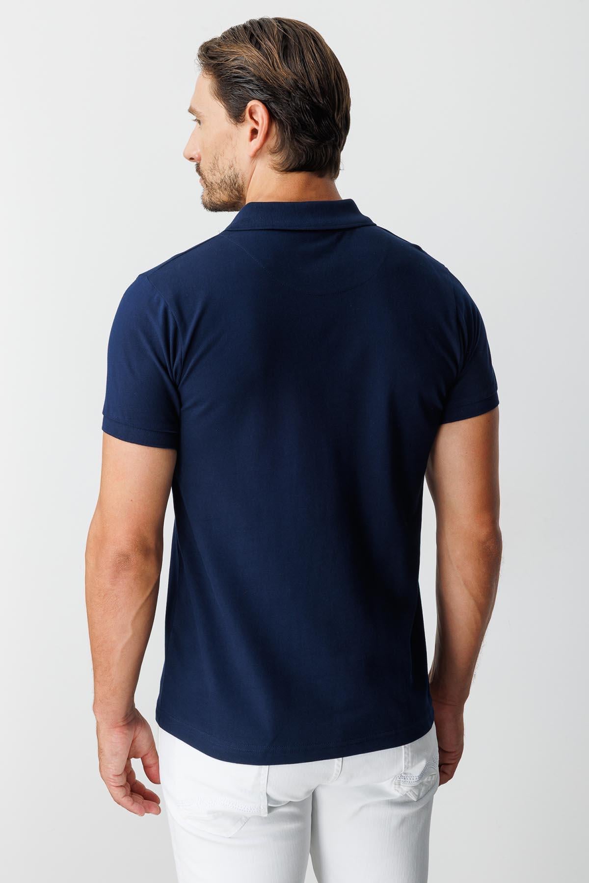 Lacivert Modern Fit Dar Kalıp Polo Yaka Düz Kısa Kollu  %100 Pamuk Tişört