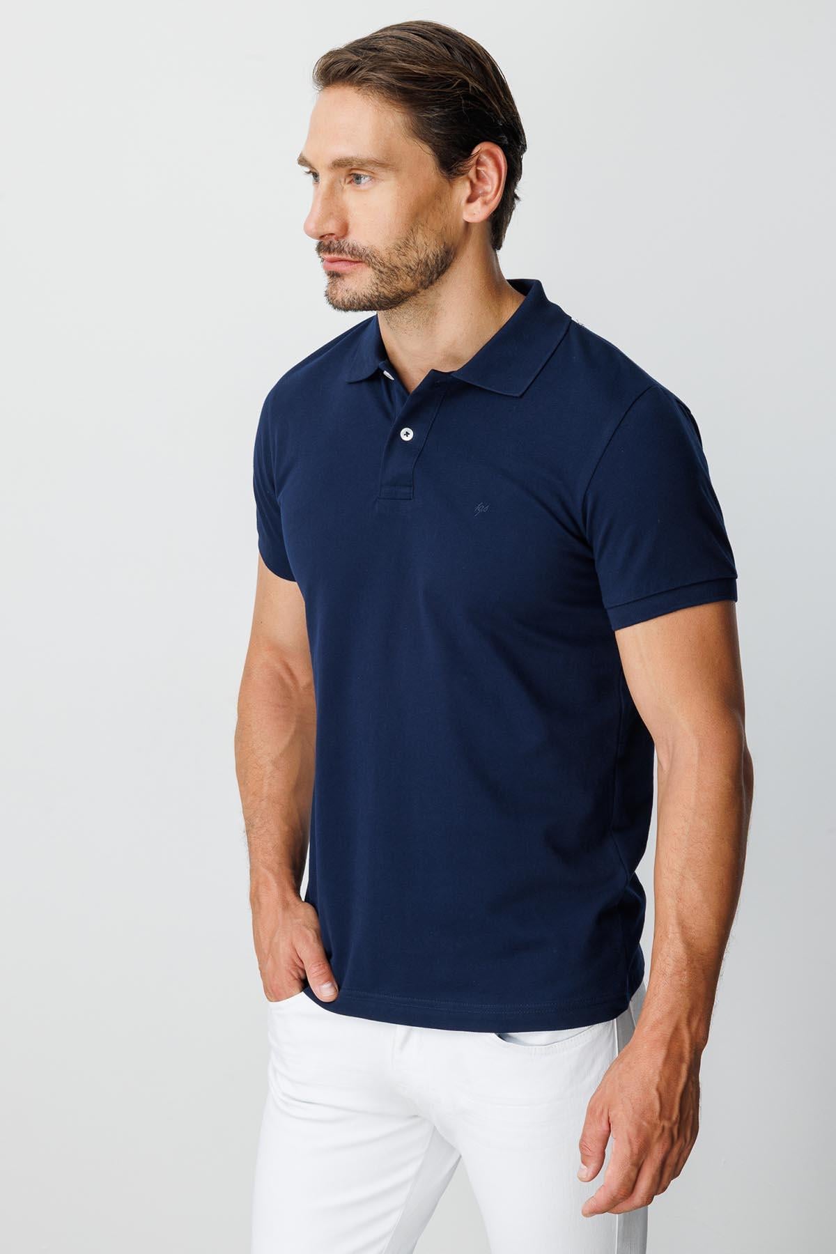 Lacivert Modern Fit Dar Kalıp Polo Yaka Düz Kısa Kollu  %100 Pamuk Tişört