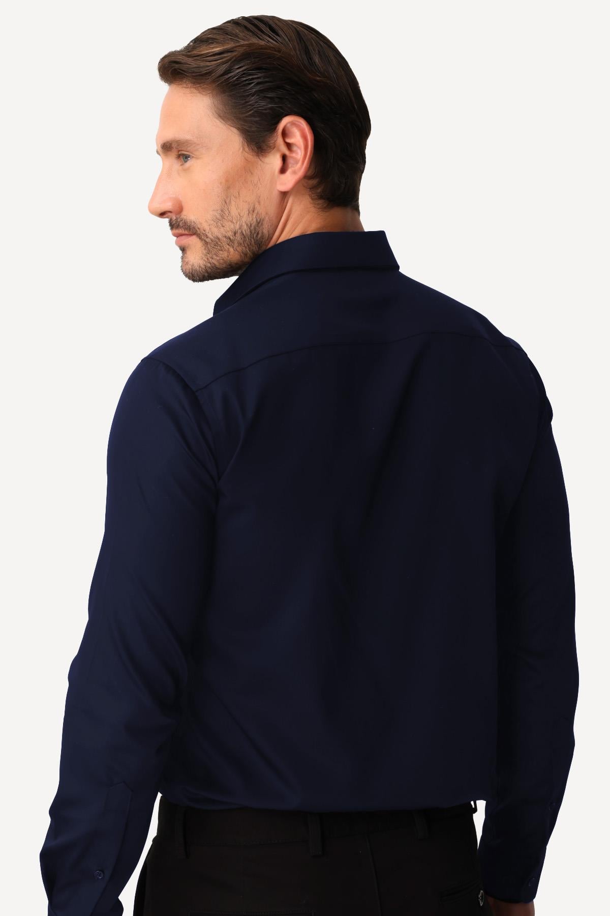 Lacivert Slim Fit Dar Kalıp Klasik Yaka Düz Uzun Kollu Cepsiz %100 Pamuk Non Iron Ütü İstemeyen Gömlek 