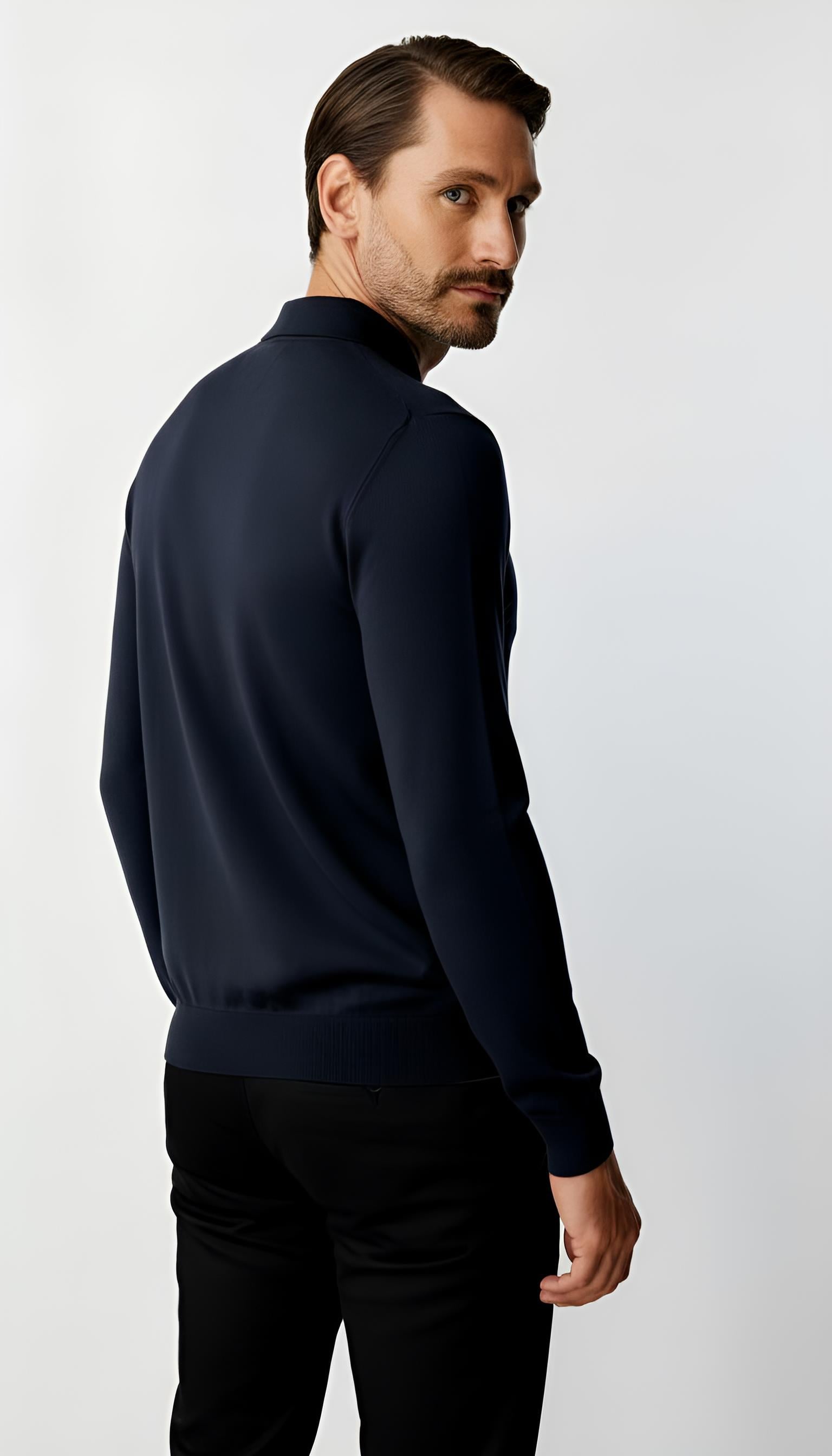 Lacivert Standart Fit Dar Kalıp Polo Yaka Düğmeli Düz Uzun Kollu Rayon Triko