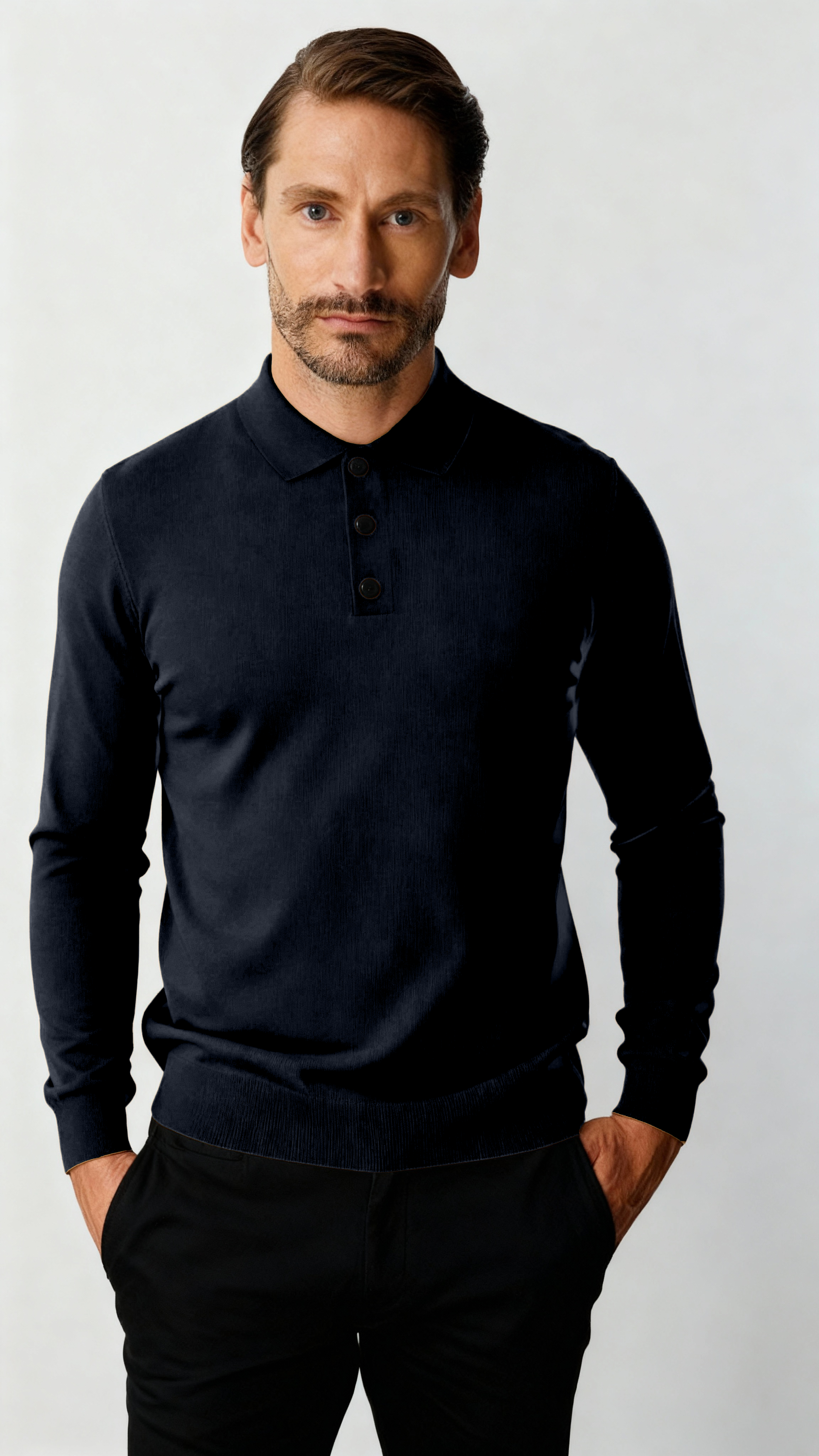Lacivert Standart Fit Dar Kalıp Polo Yaka Düğmeli Düz Uzun Kollu Rayon Triko