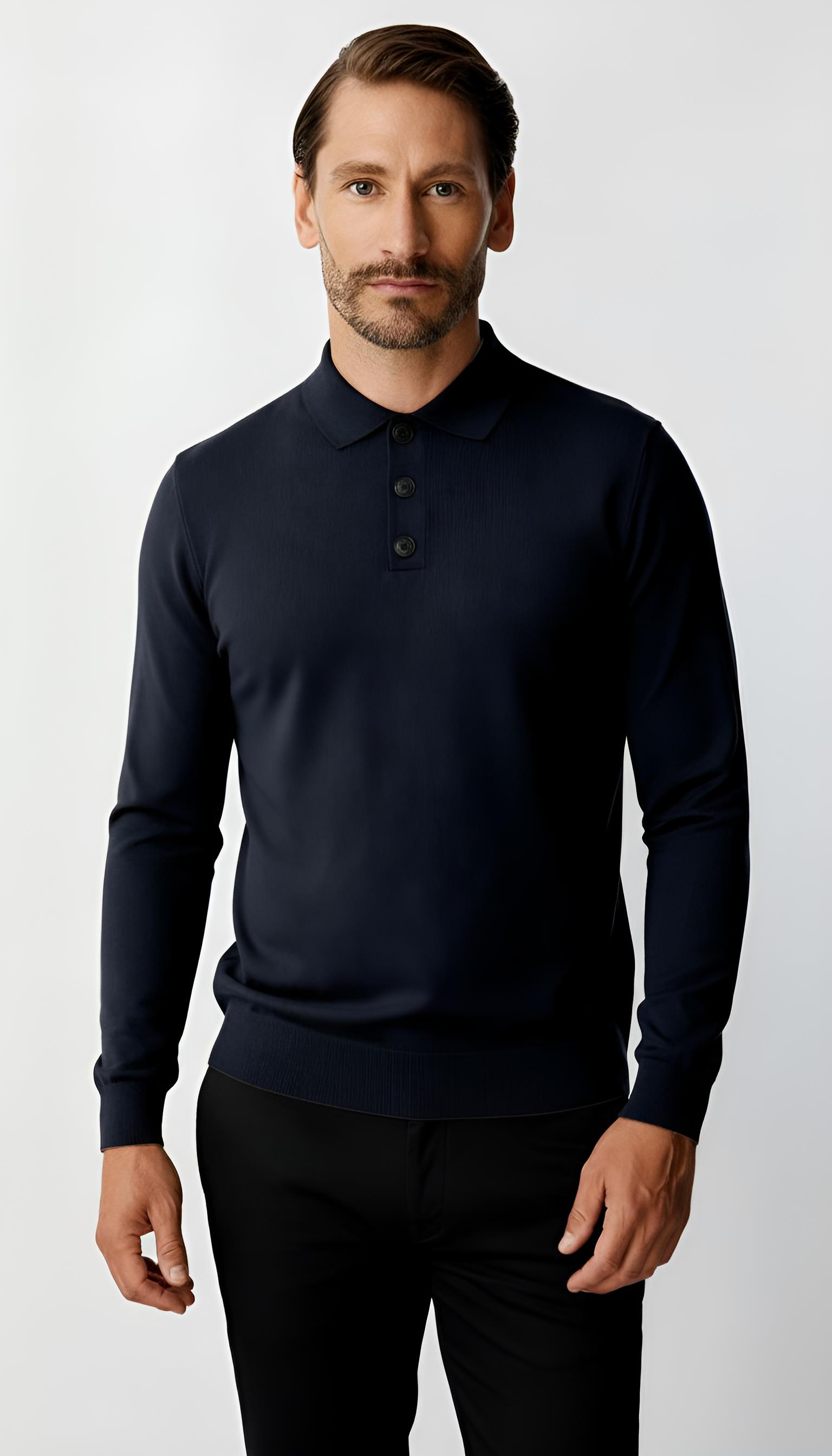 Lacivert Standart Fit Dar Kalıp Polo Yaka Düğmeli Düz Uzun Kollu Rayon Triko