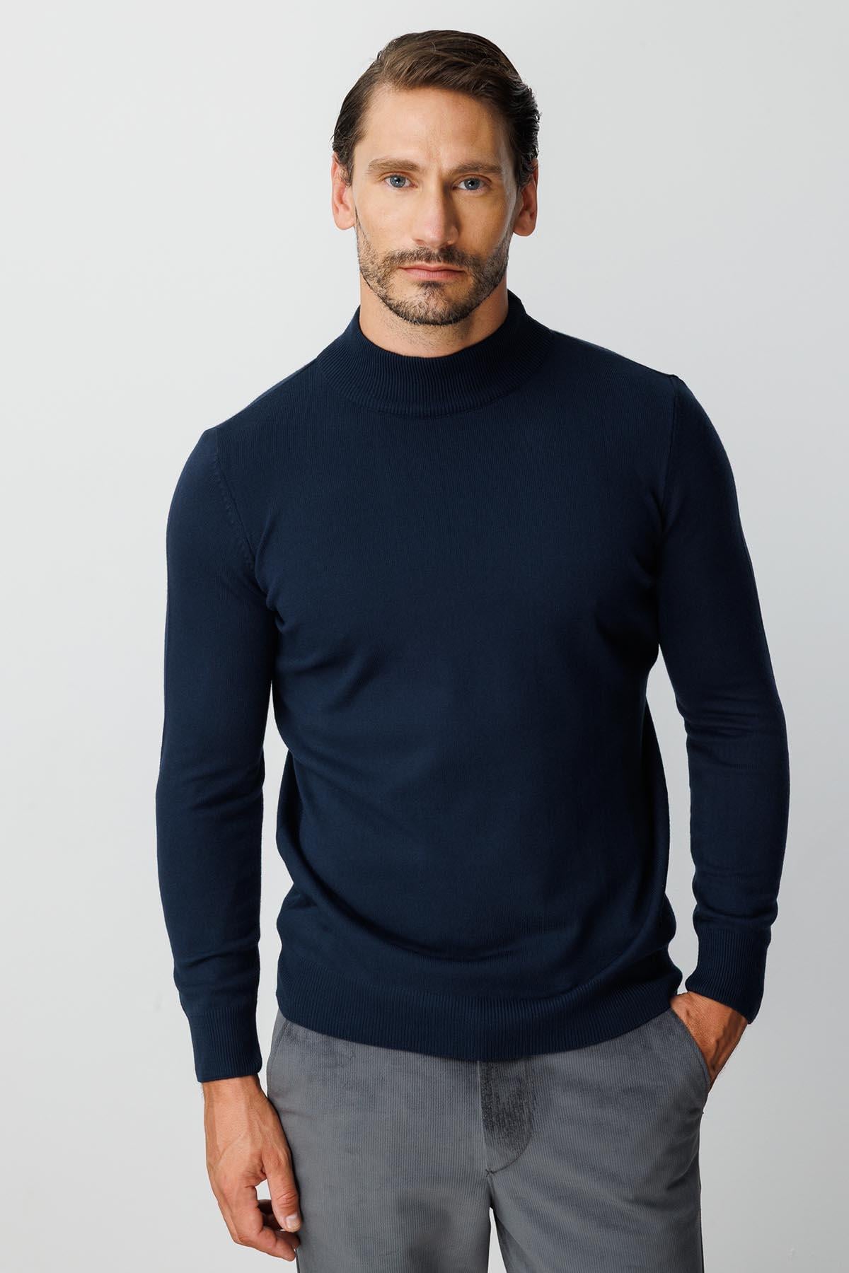 Lacivert Modern Fit Dar Kalıp Yarım Balıkçı Düz Uzun Kollu Triko