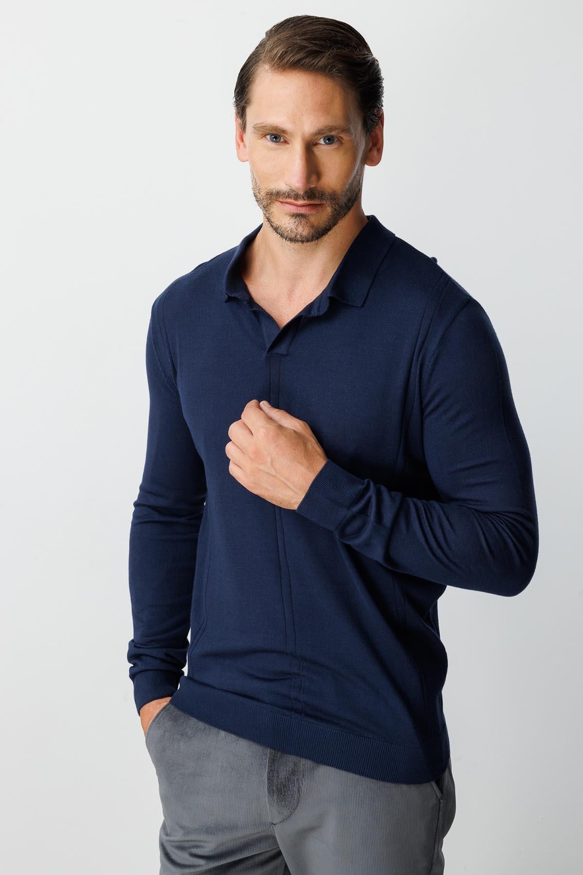 Lacivert Standart Fit Dar Kalıp Polo Yaka Düz Uzun Kollu Triko