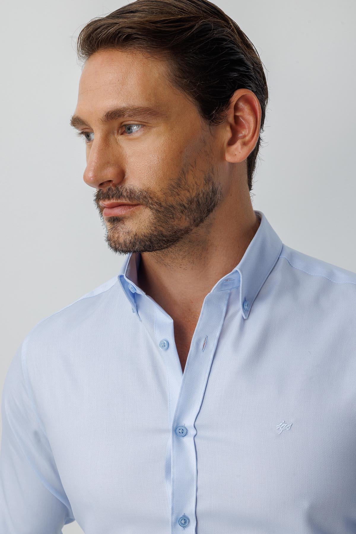 Mavi Slim Fit Dar Kalıp Klasik Yaka Düz Uzun Kollu Cepsiz %100 Pamuk Non Iron Ütü İstemeyen Gömlek 